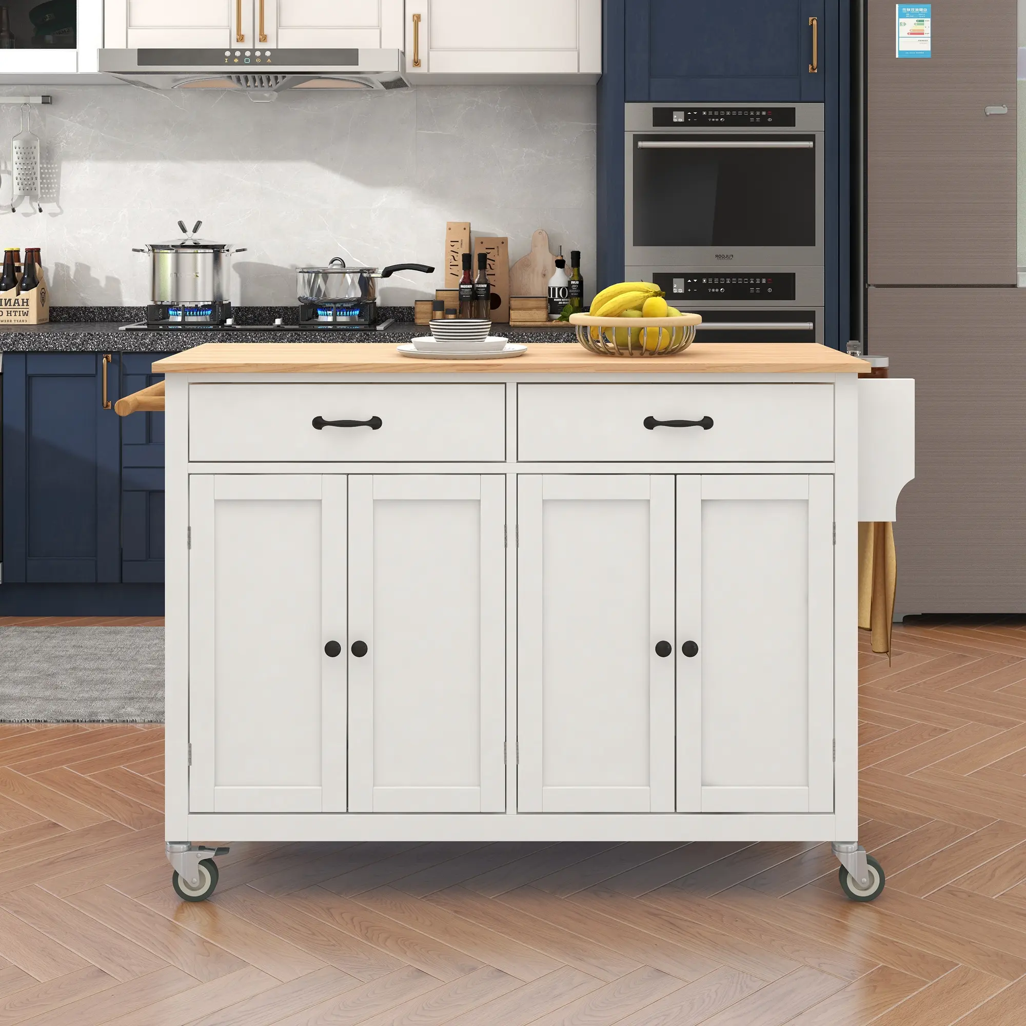 Kitchen Island Cart with 4 Door Cabinet and Two Drawers and 2 Locking Wheels - Solid Wood Top, Adjustable Shelves, Spice & Towel
