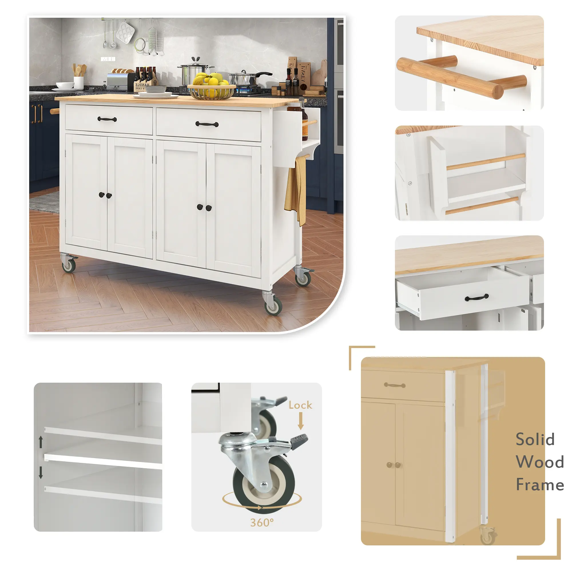 Kitchen Island Cart with 4 Door Cabinet and Two Drawers and 2 Locking Wheels - Solid Wood Top, Adjustable Shelves, Spice & Towel