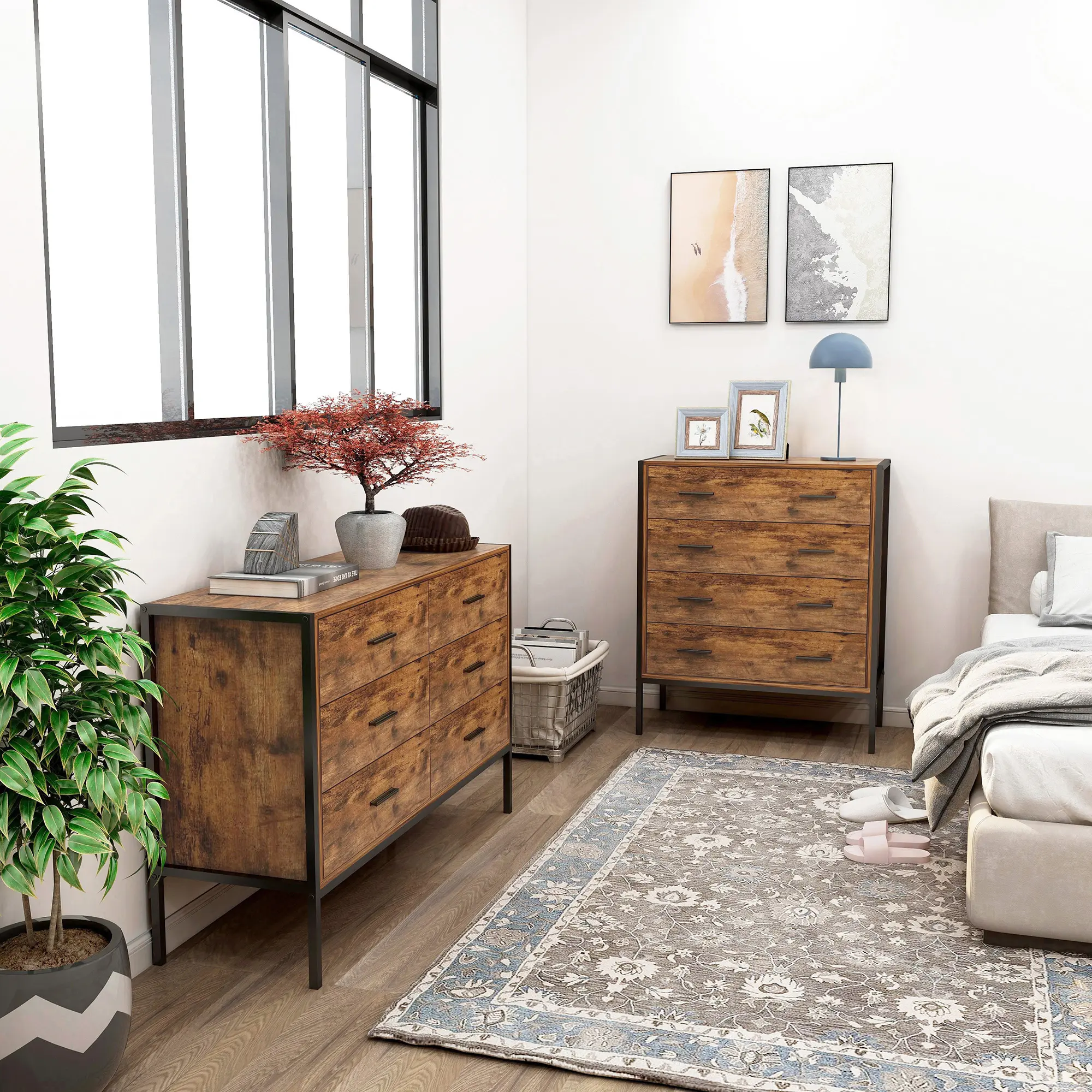 Industrial Style 6 Drawer Double Dresser,Rustic Brown Wood Storage Dresser Clothes Organizer with Sturdy Steel Frame, Chest with
