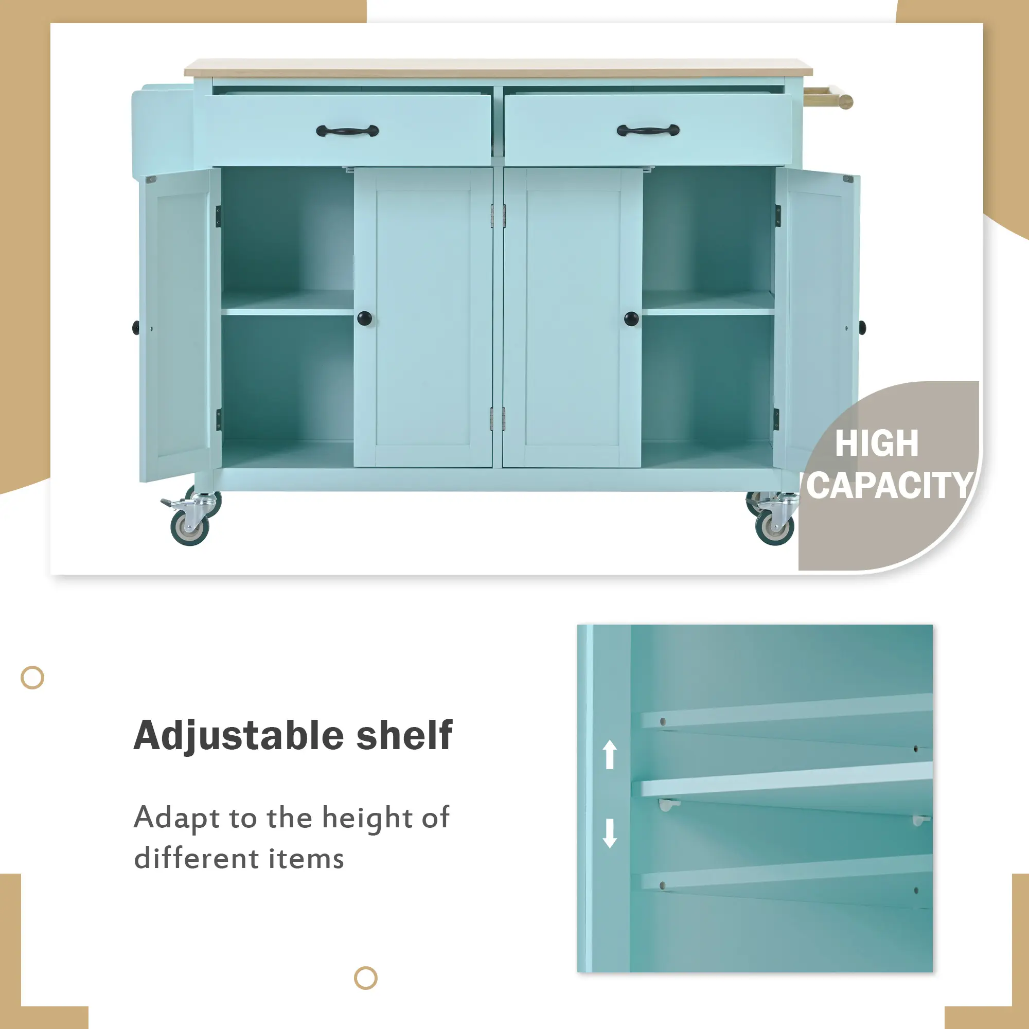 Kitchen Island Cart with 4 Door Cabinet and Two Drawers and 2 Locking Wheels - Solid Wood Top, Adjustable Shelves, Spice & Towel