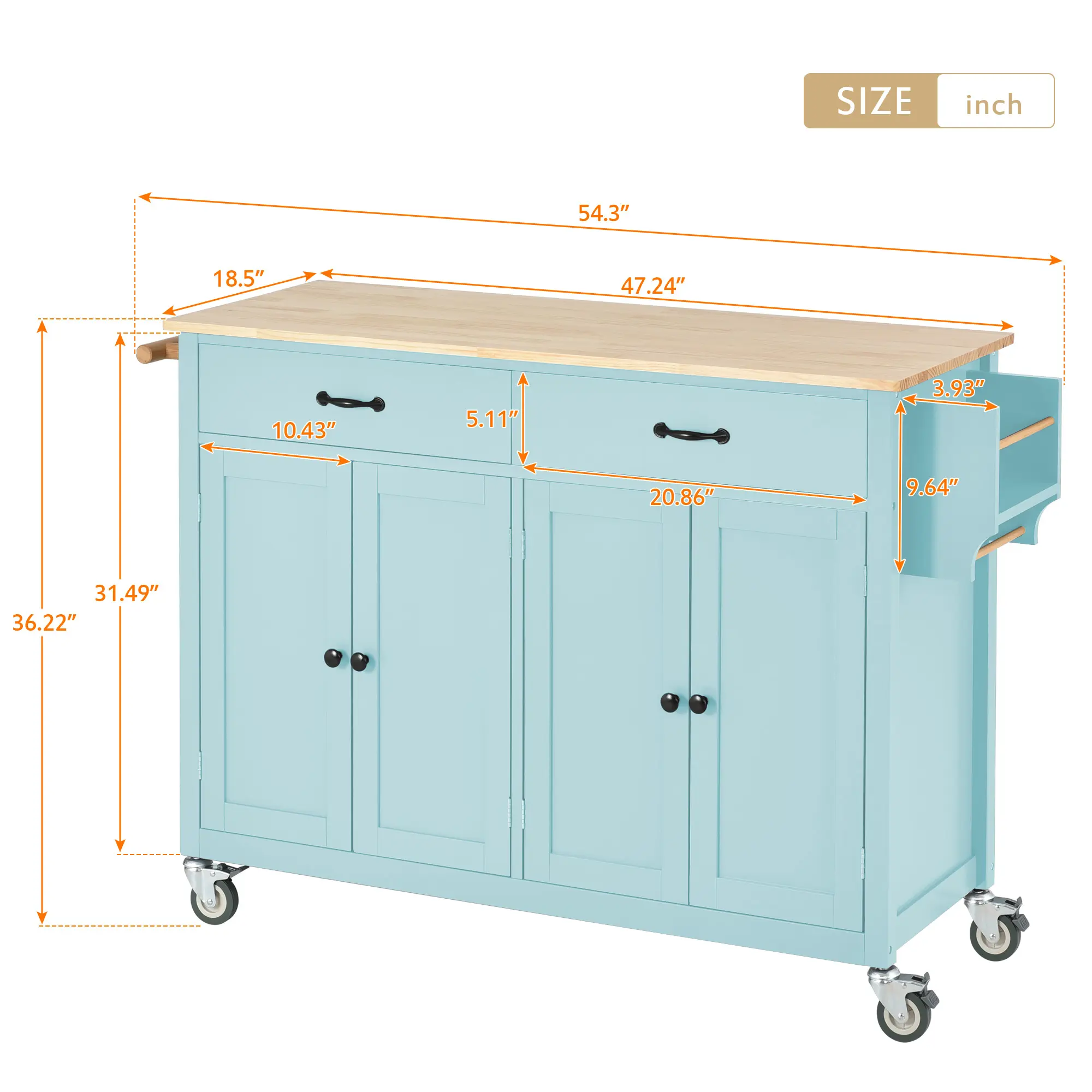 Kitchen Island Cart with 4 Door Cabinet and Two Drawers and 2 Locking Wheels - Solid Wood Top, Adjustable Shelves, Spice & Towel