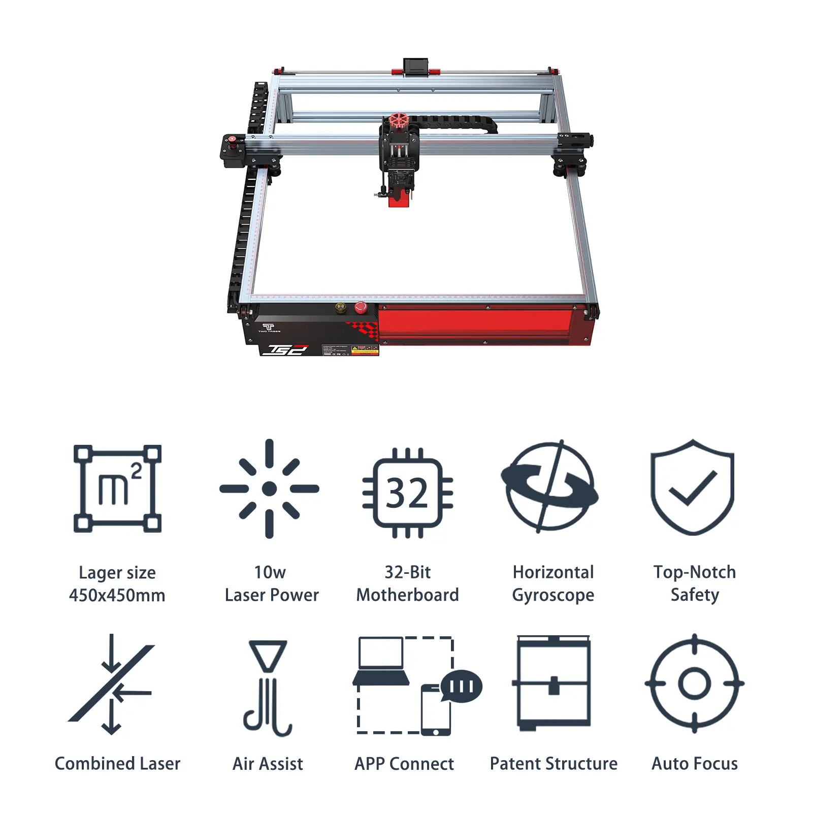 Two Trees TS2 Laser Engraver 10W Laser Cutter Auto Focus Engraving Cutting Machine 450x450mm Area WiFi Horizontal Gyroscope
