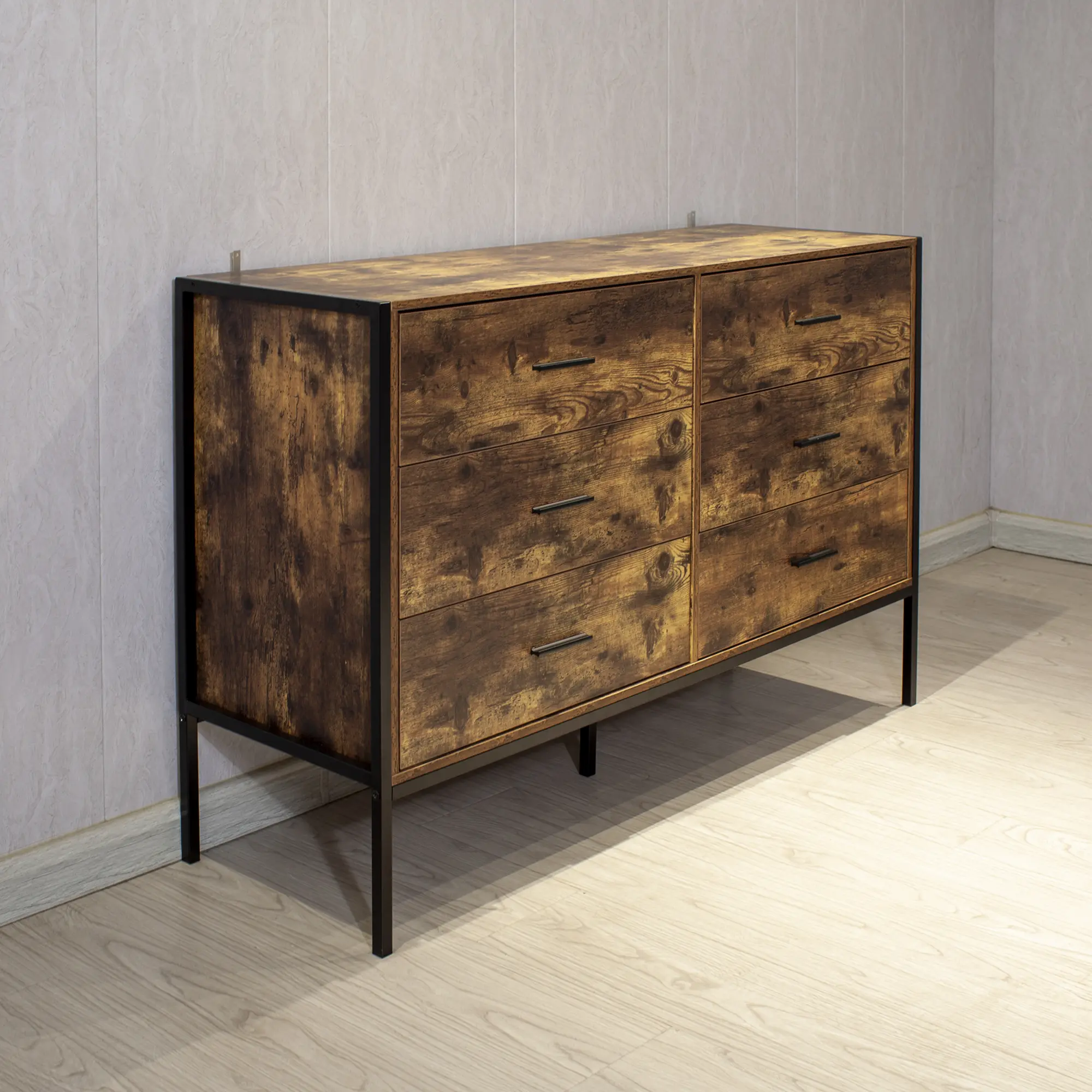 Industrial Style 6 Drawer Double Dresser,Rustic Brown Wood Storage Dresser Clothes Organizer with Sturdy Steel Frame, Chest with
