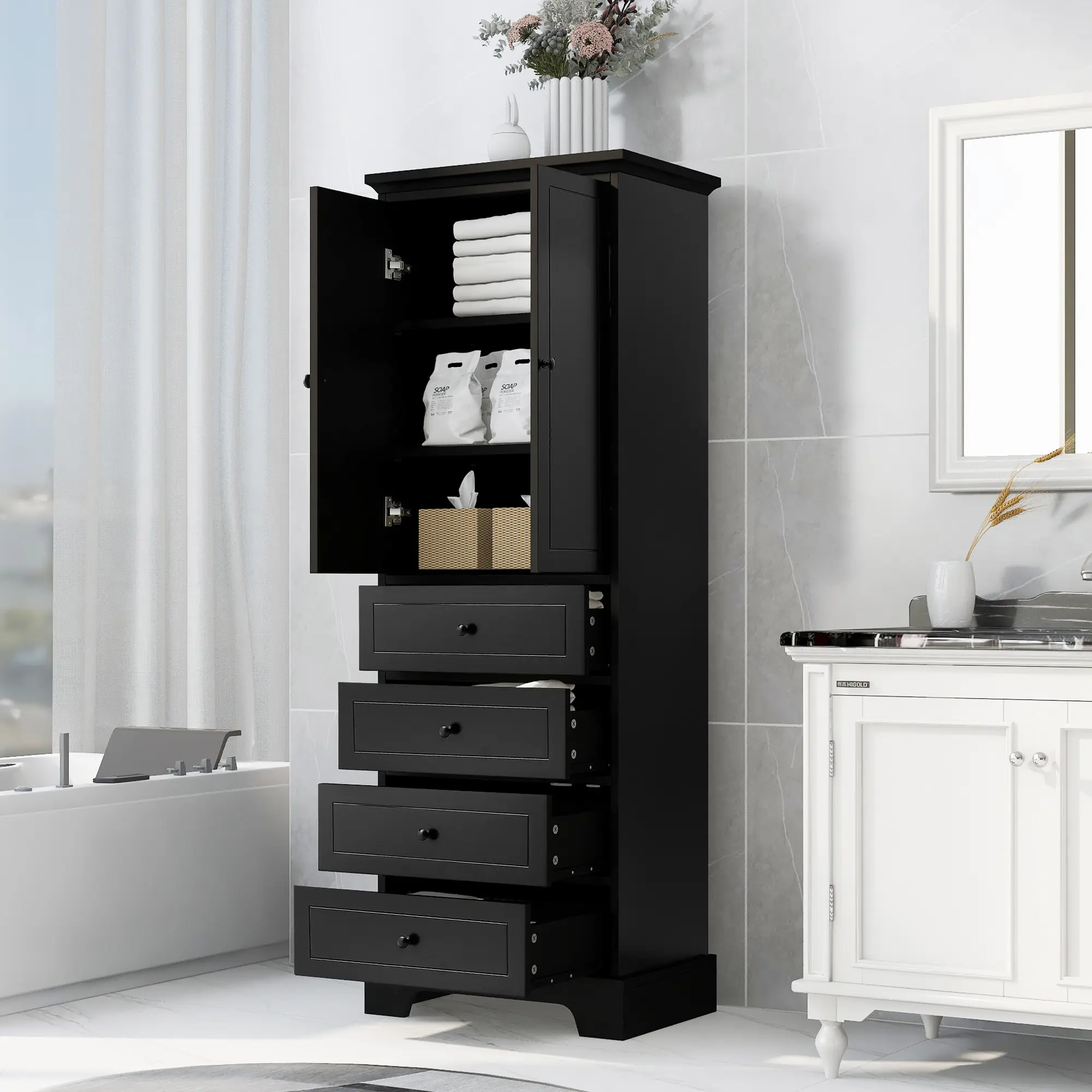 Storage Cabinet with 2 Doors and 4 Drawers for Bathroom, Office, Adjustable Shelf, MDF Board with Painted Finish, White