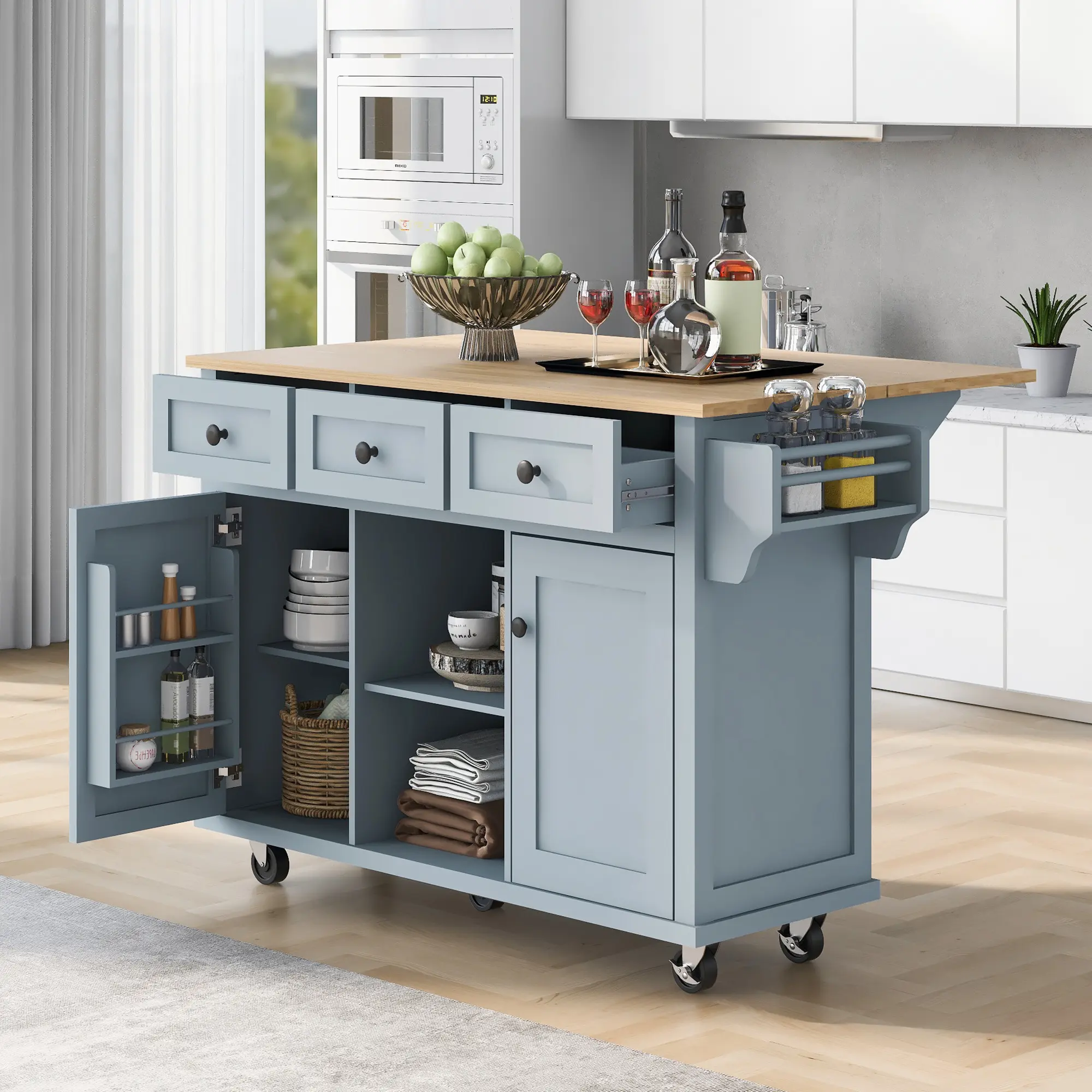 Kitchen Cart with Rubber wood Drop-Leaf Countertop ,Cabinet door internal storage racks，Kitchen Island on 5 Wheels with Storage