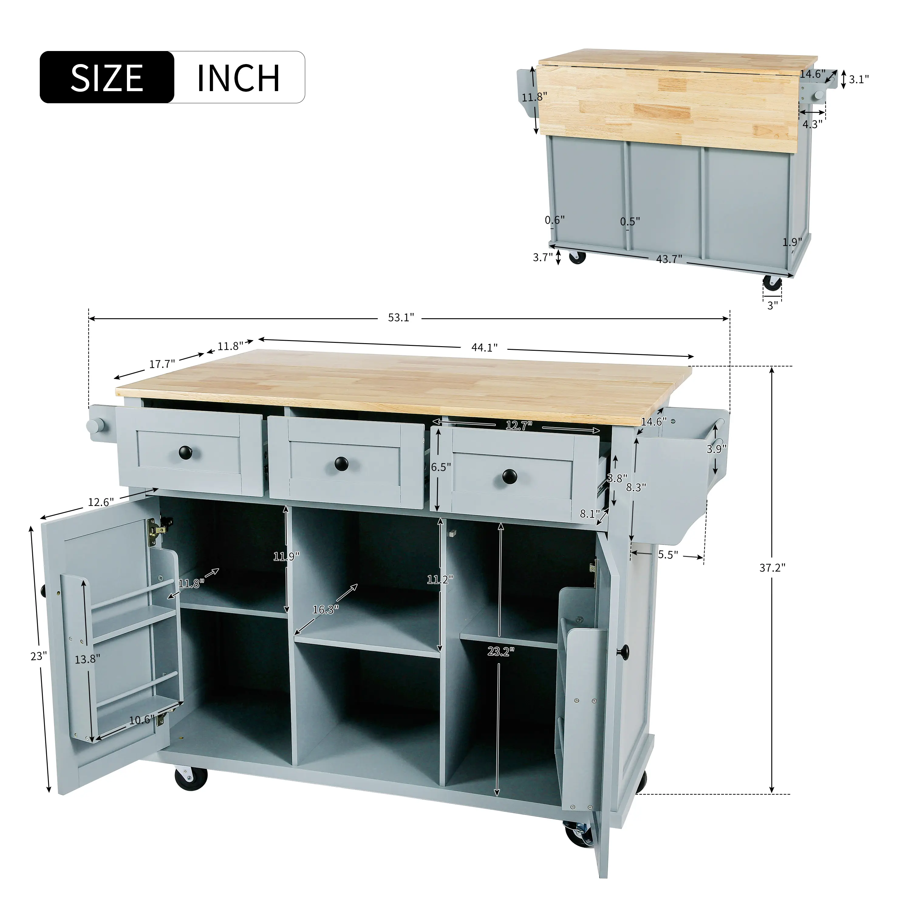 Kitchen Cart with Rubber wood Drop-Leaf Countertop ,Cabinet door internal storage racks，Kitchen Island on 5 Wheels with Storage
