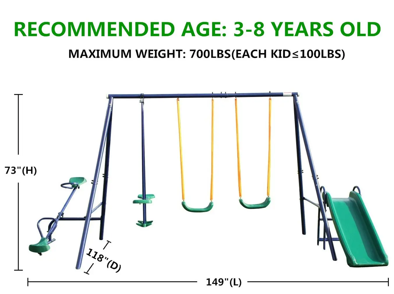Metal Swing Set w/ Slide with 2 swing seats, 1 glider, 1 slide and 1 teeter-totter