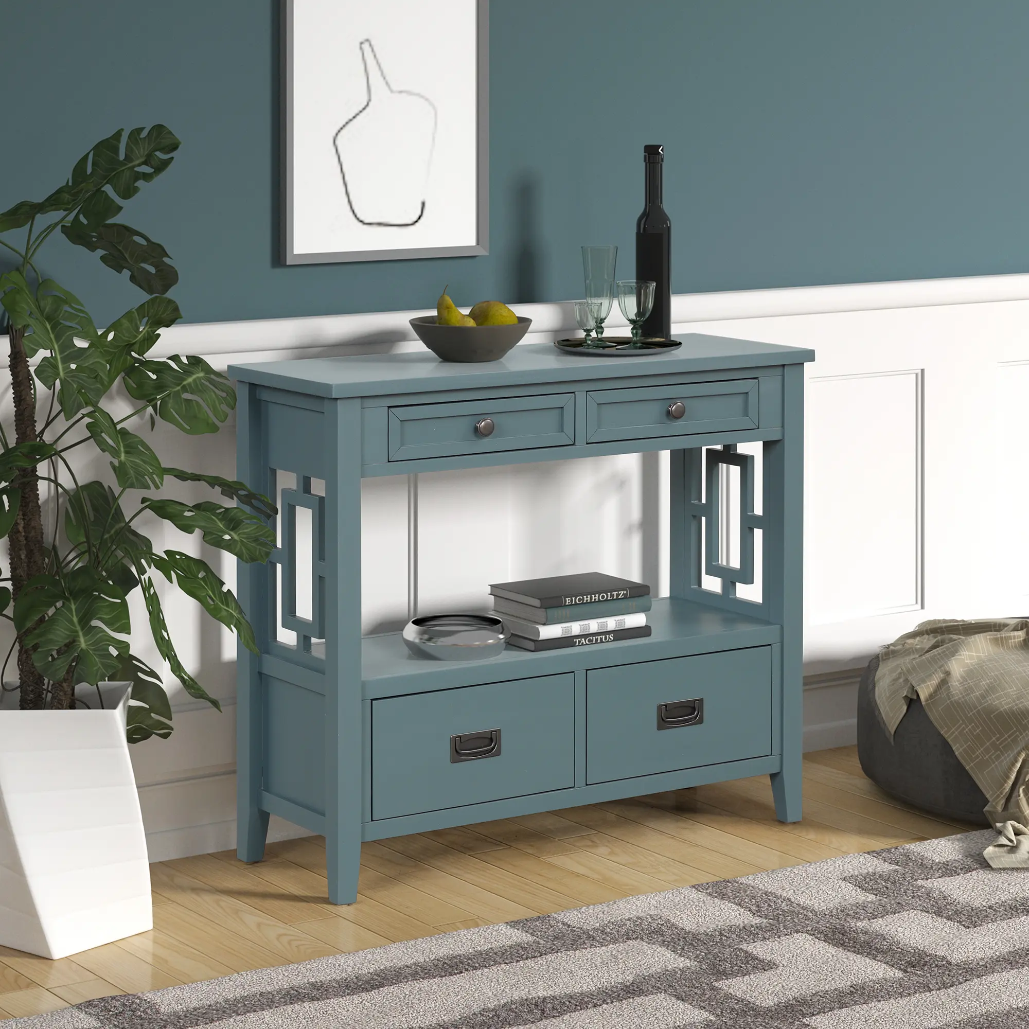 36'' Farmhouse Pine Wood Console Table Entry Sofa Table with 4 Drawers & 1 Storage Shelf for Entryway Living Room Bedroom Hallwa