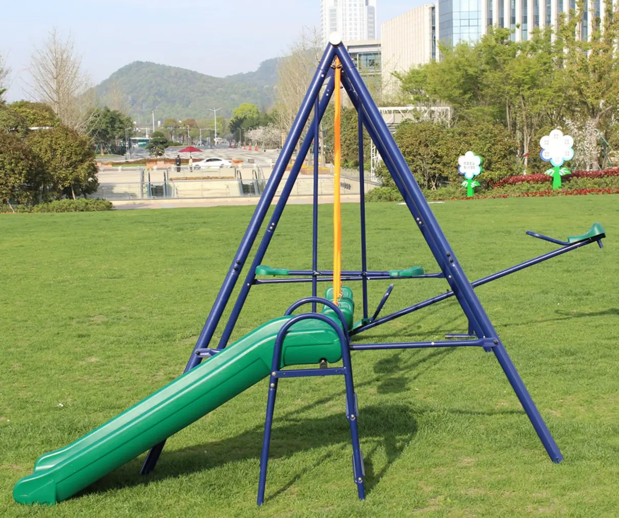 Metal Swing Set w/ Slide with 2 swing seats, 1 glider, 1 slide and 1 teeter-totter