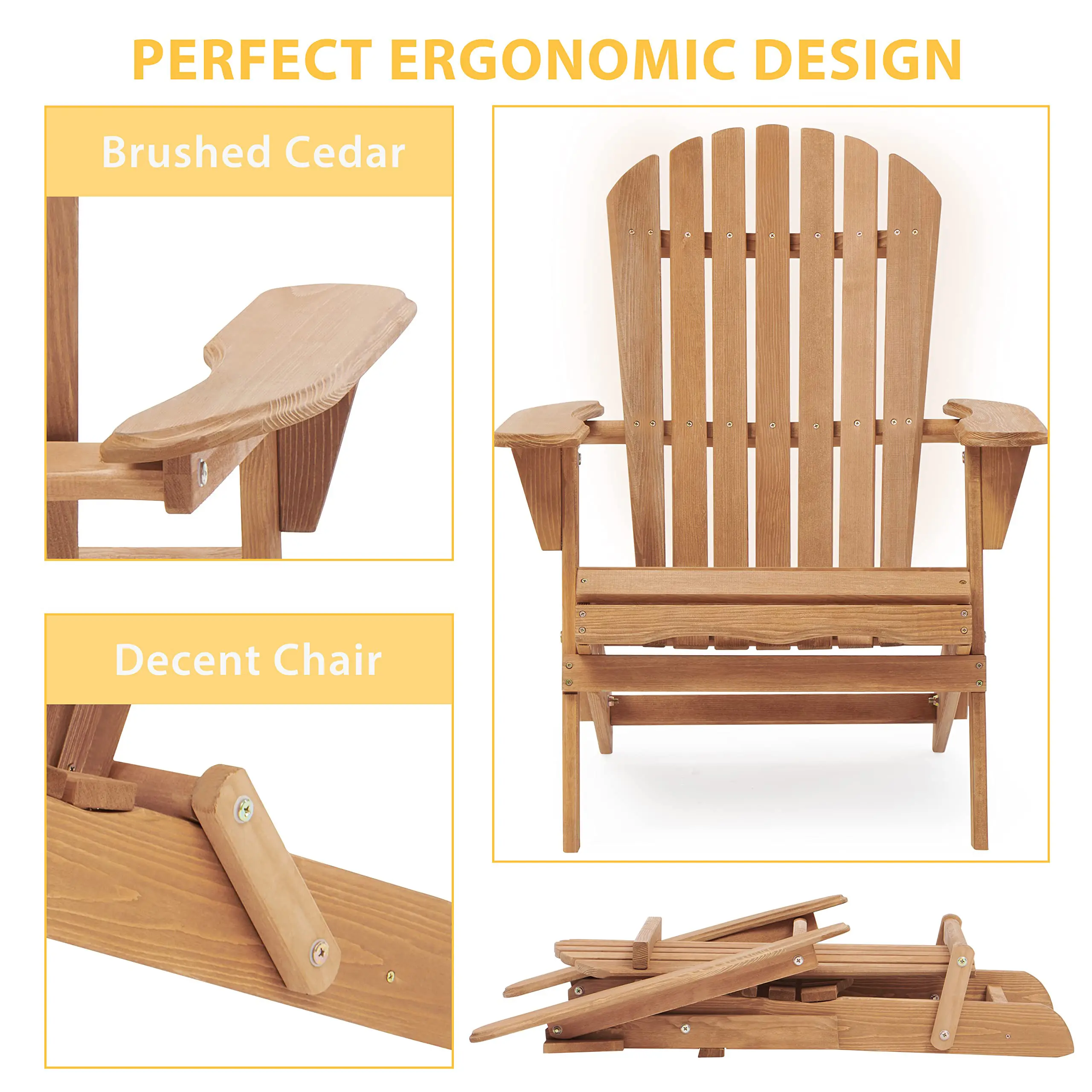 Wooden Outdoor Folding Adirondack Chair Set of 2 Wood Lounge Patio Chair for Garden,Garden, Lawn, Backyard, Deck, Pool Side, Fir