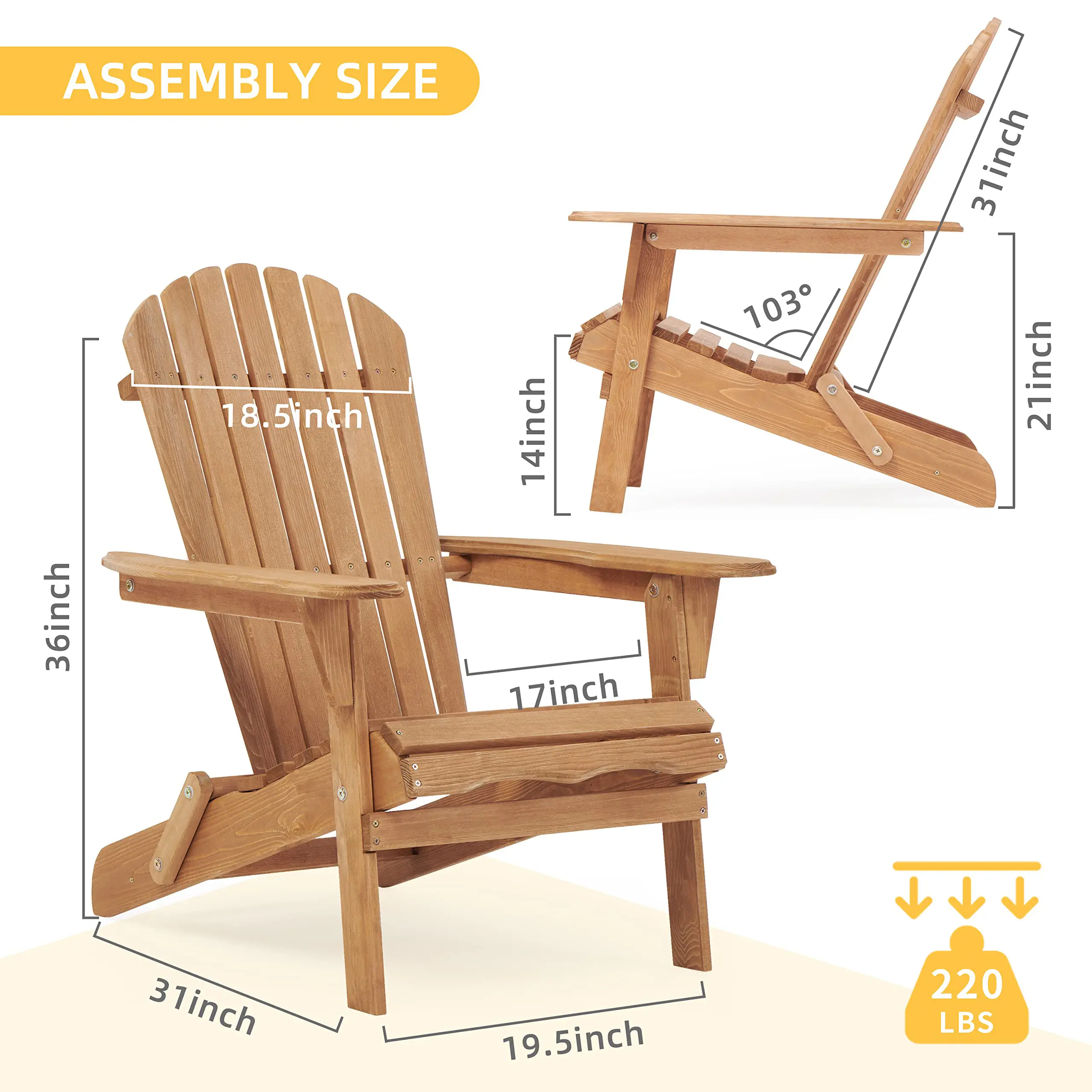 Wooden Outdoor Folding Adirondack Chair Set of 2 Wood Lounge Patio Chair for Garden,Garden, Lawn, Backyard, Deck, Pool Side, Fir