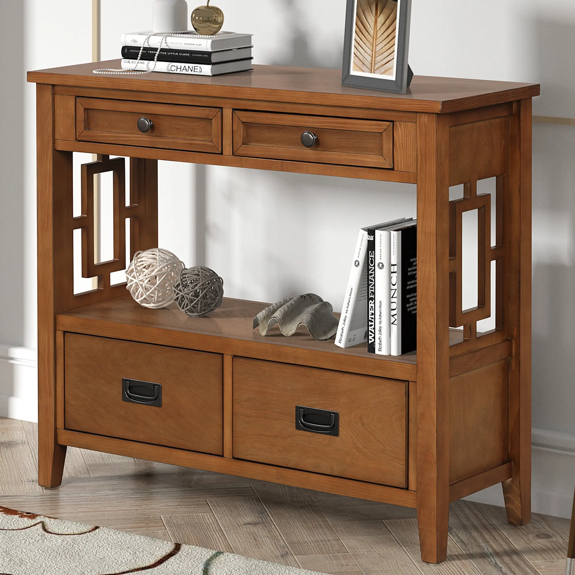 36'' Farmhouse Pine Wood Console Table Entry Sofa Table with 4 Drawers & 1 Storage Shelf for Entryway Living Room Bedroom Hallwa