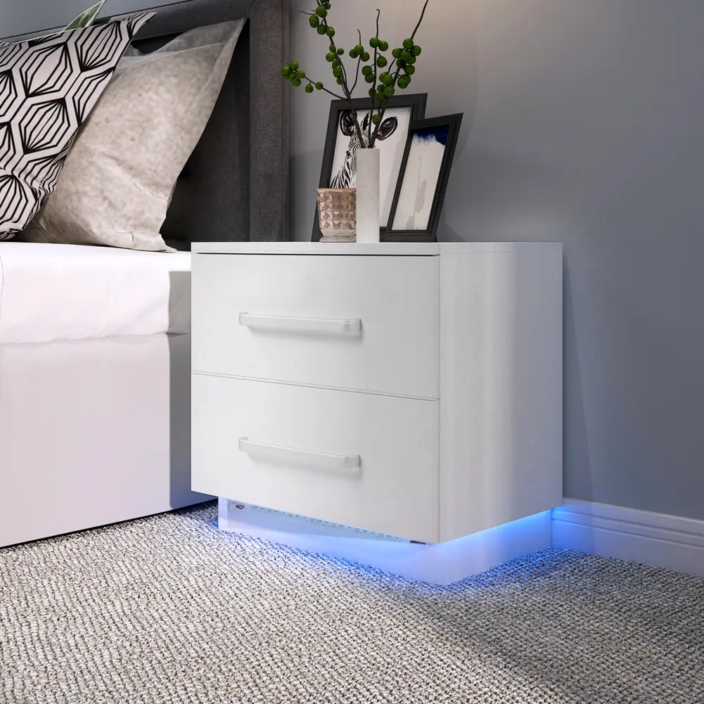 Home Furniture LED Bedside Table Modern Stylish 2 Drawers Bedside Cabinet with LED Blue Light High Gloss Front Panel for Bedroom