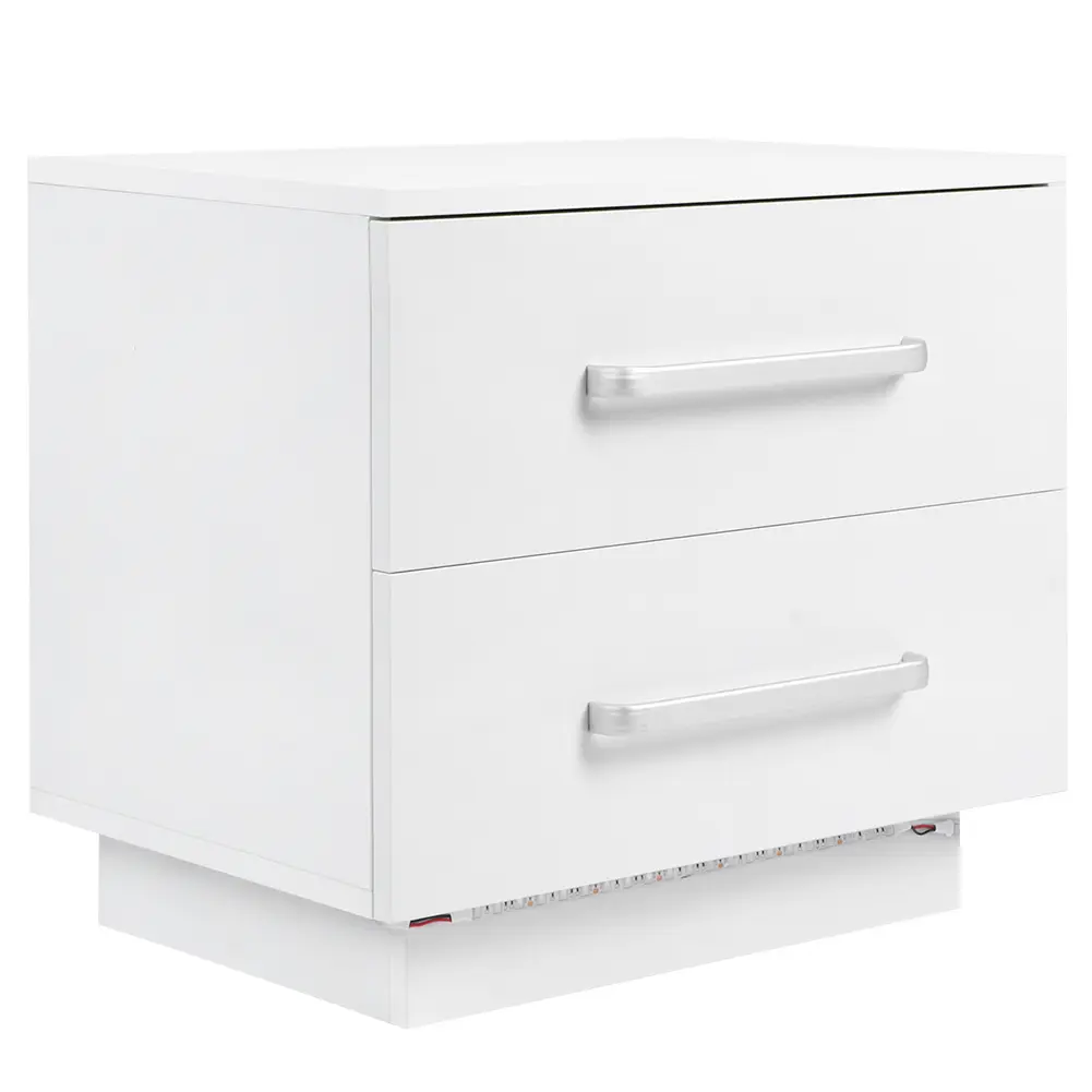 Home Furniture LED Bedside Table Modern Stylish 2 Drawers Bedside Cabinet with LED Blue Light High Gloss Front Panel for Bedroom