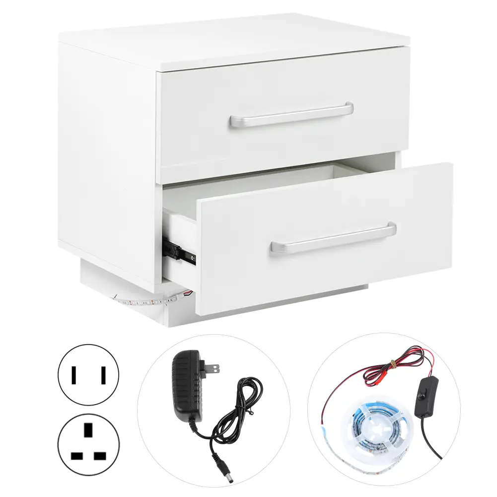 Home Furniture LED Bedside Table Modern Stylish 2 Drawers Bedside Cabinet with LED Blue Light High Gloss Front Panel for Bedroom