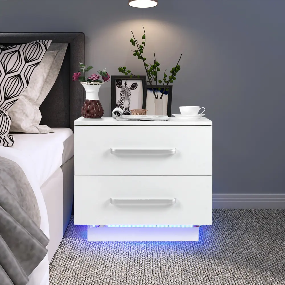 Home Furniture LED Bedside Table Modern Stylish 2 Drawers Bedside Cabinet with LED Blue Light High Gloss Front Panel for Bedroom