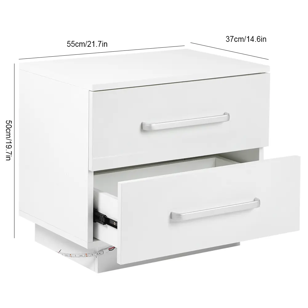 Home Furniture LED Bedside Table Modern Stylish 2 Drawers Bedside Cabinet with LED Blue Light High Gloss Front Panel for Bedroom