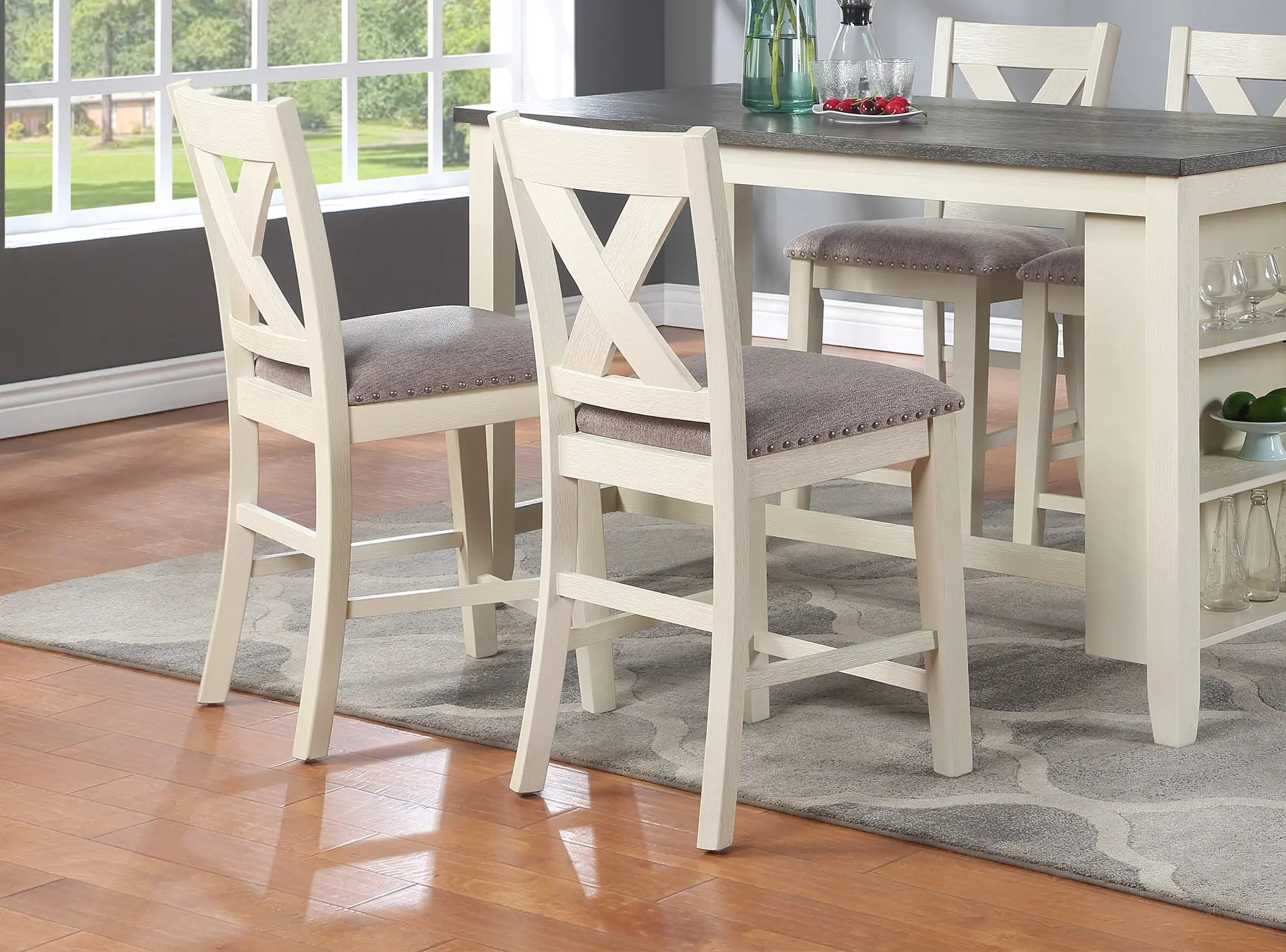 Modern Contemporary 5pc Counter Height High Dining Table w Storage Shelves 4x High Chairs Wooden Kitchen Breakfast Table Dining