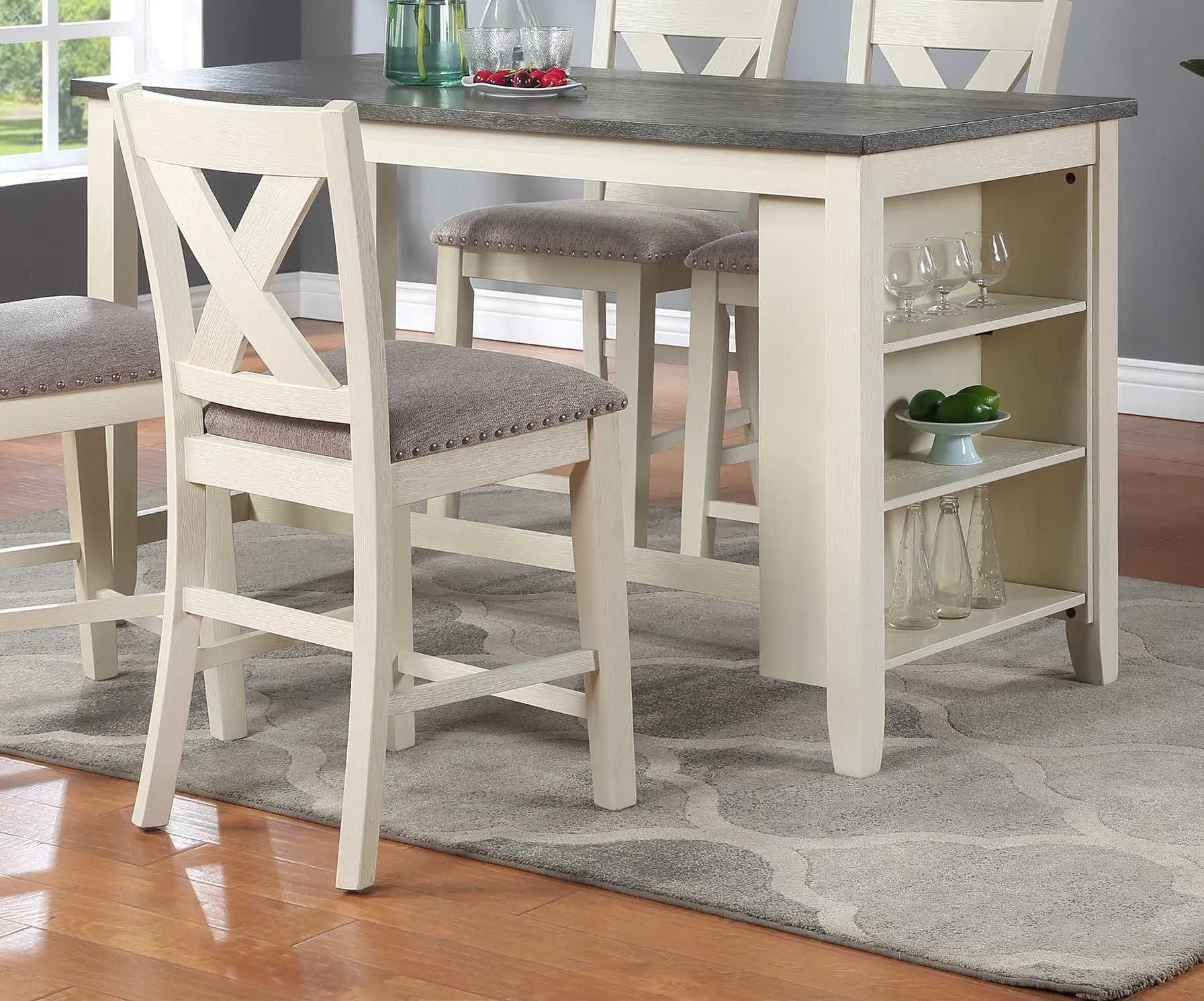 Modern Contemporary 5pc Counter Height High Dining Table w Storage Shelves 4x High Chairs Wooden Kitchen Breakfast Table Dining