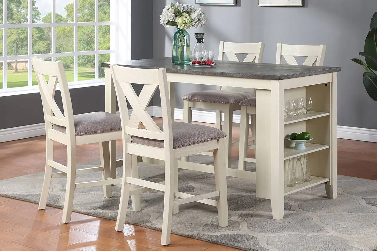 Modern Contemporary 5pc Counter Height High Dining Table w Storage Shelves 4x High Chairs Wooden Kitchen Breakfast Table Dining