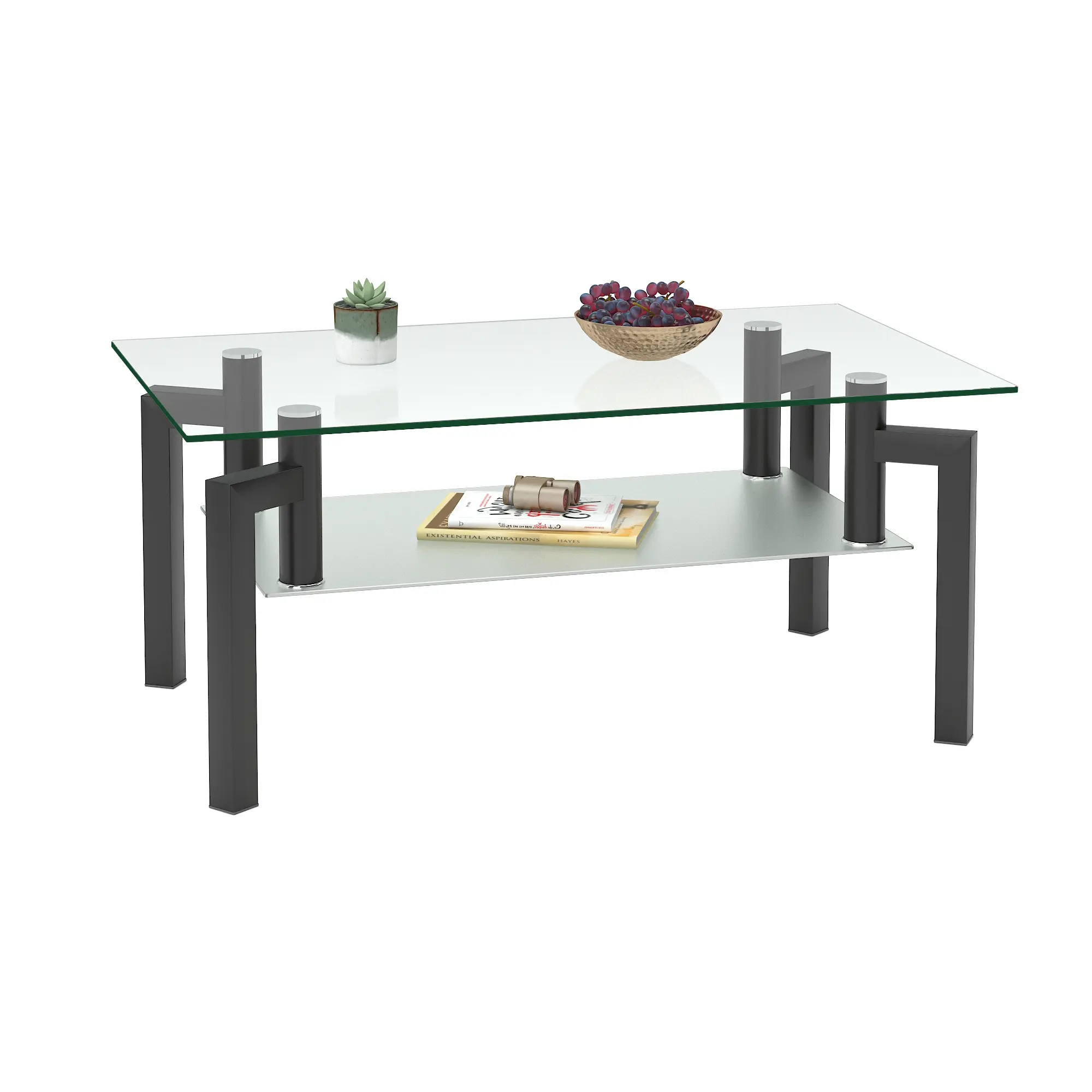 Rectangle Black Glass Coffee Table, Clear Coffee Table，Modern Side Center Tables for Living Room， Living Room Furniture