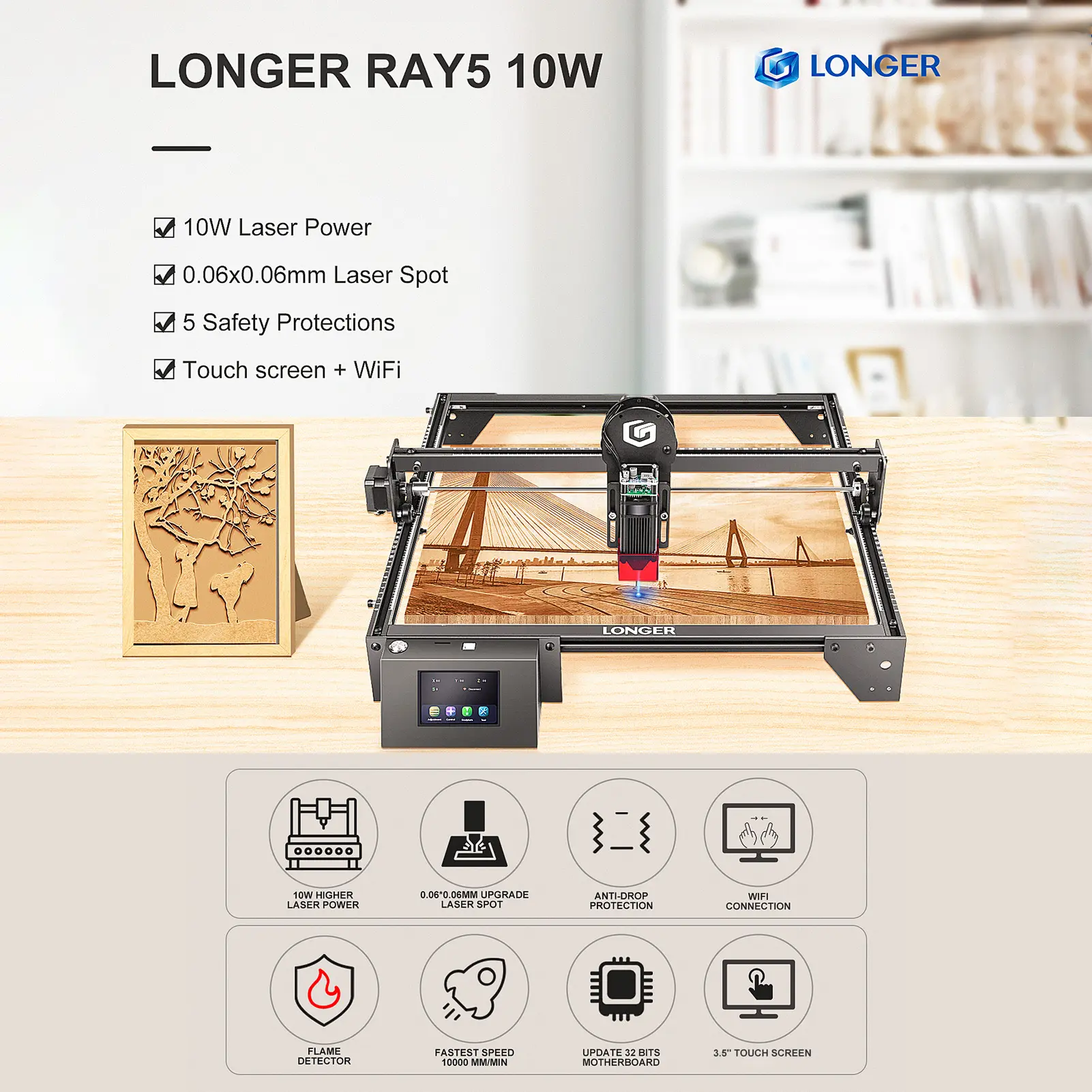 LONGER Ray5 10W Laser Engraver with Engraving Area 400x400mm 3.5'' Touchscreen 32-bit Motherboard Support App WIFI USB TF Card D