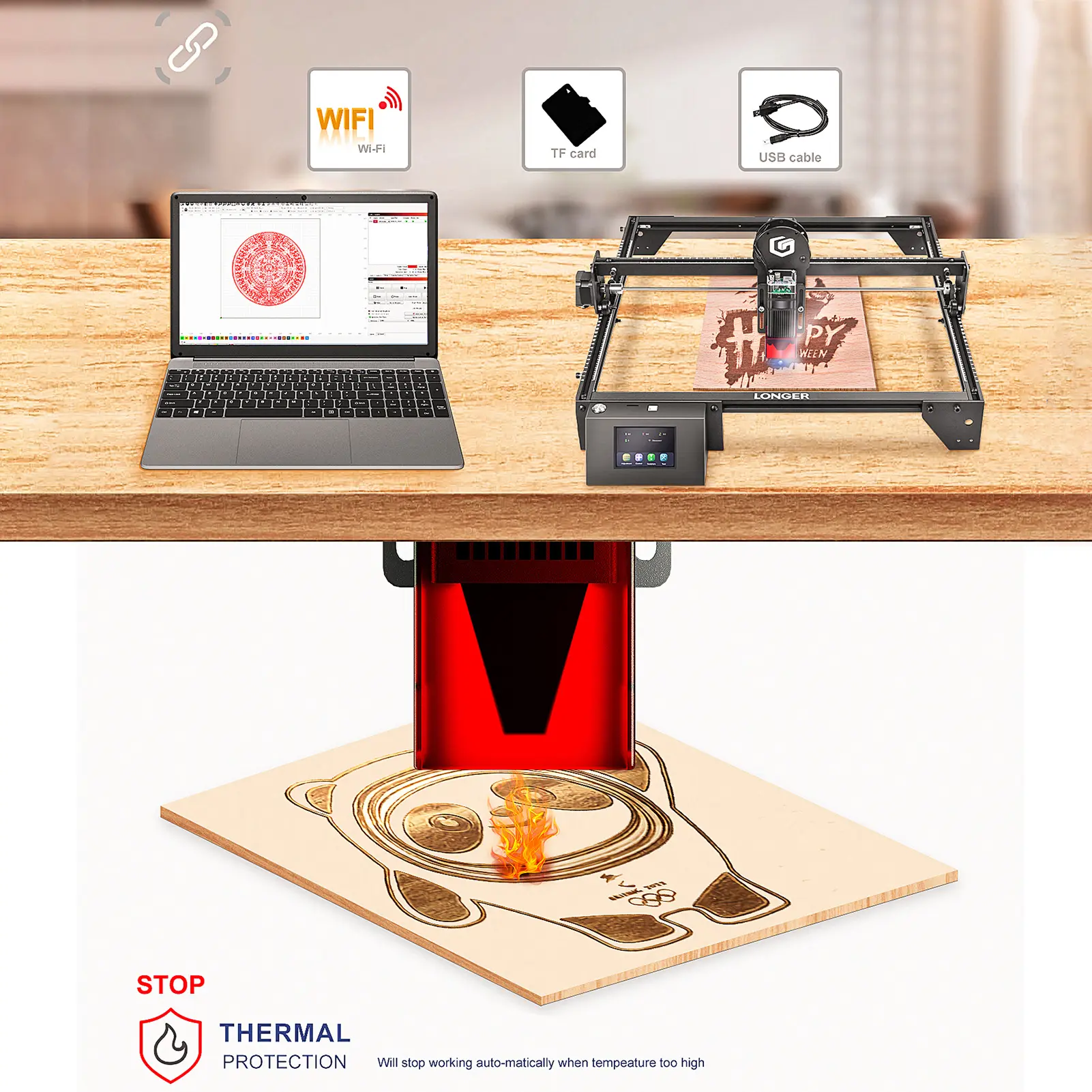 LONGER Ray5 10W Laser Engraver with Engraving Area 400x400mm 3.5'' Touchscreen 32-bit Motherboard Support App WIFI USB TF Card D
