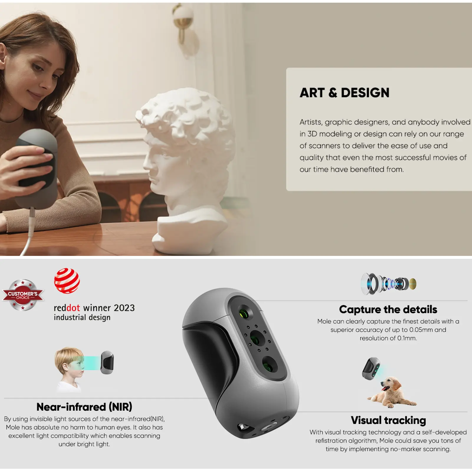 3DMakerpro Mole Handheld 3D Scanner for 3D Printer 0.05mm Accuracy & 0.1mm Resolution 10FPS Scanning Black Objects with Anti-Sha