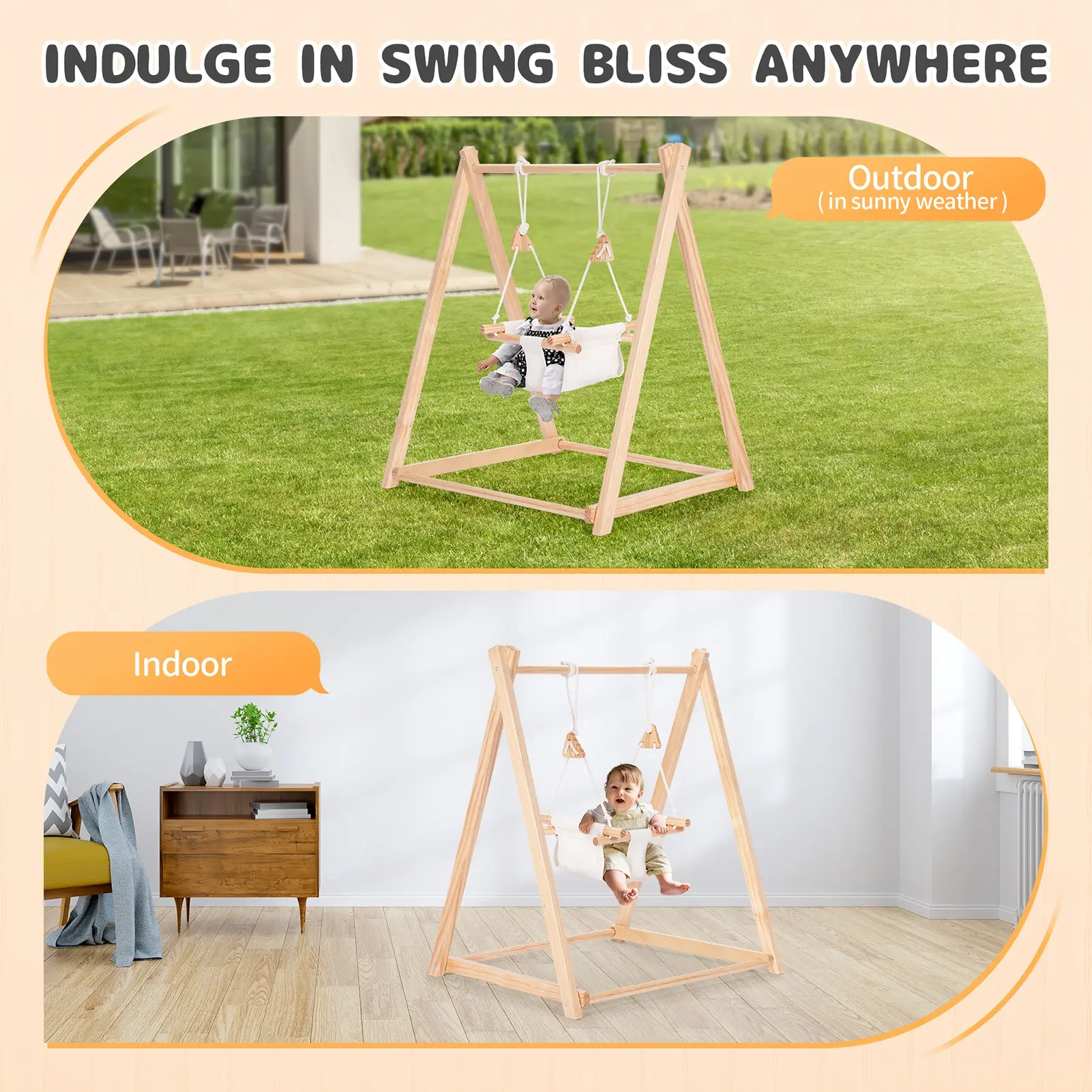 Folding Wooden Frame Swing (Wooden stand Canvas seat Foldable) Wooden Frame Swing with Canvas Seat