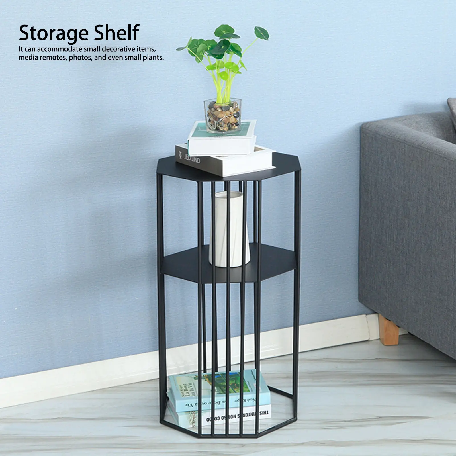 2‑Layer Wrought Iron Side Table End Sofa Table Storage Shelf for Living Room Black End Table Home Table Side Table Sofa Table