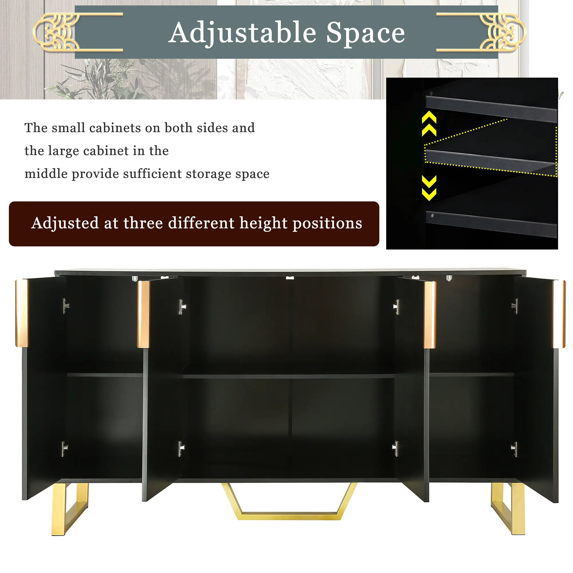 Modern sideboard with Four Doors, Metal handles & Legs and Adjustable Shelves Kitchen Cabinet (Black)
