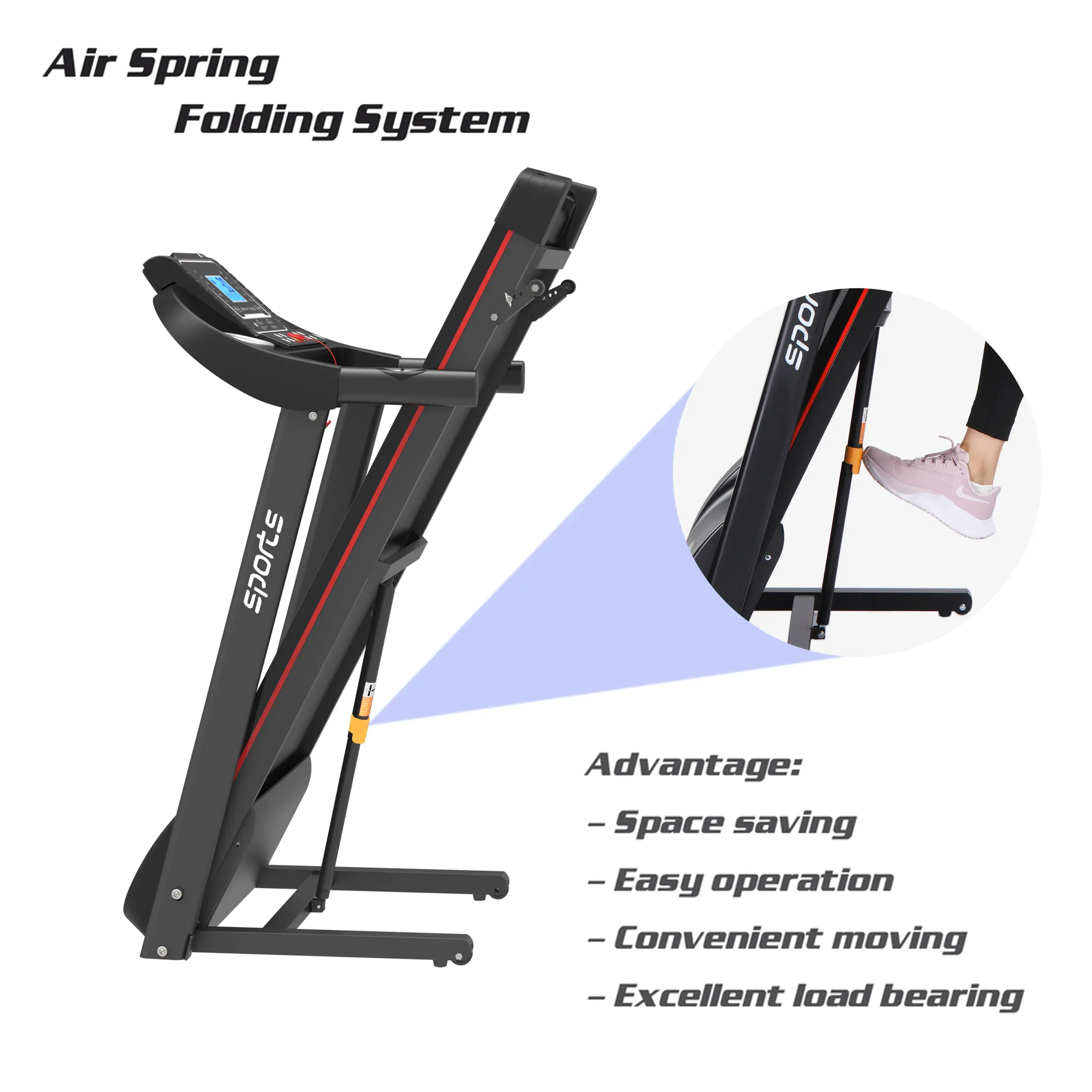 Folding Treadmill, Smart Motorized Treadmill with Manual Incline and Air Spring & MP3, Exercise Running Machine with 5" LCD Disp