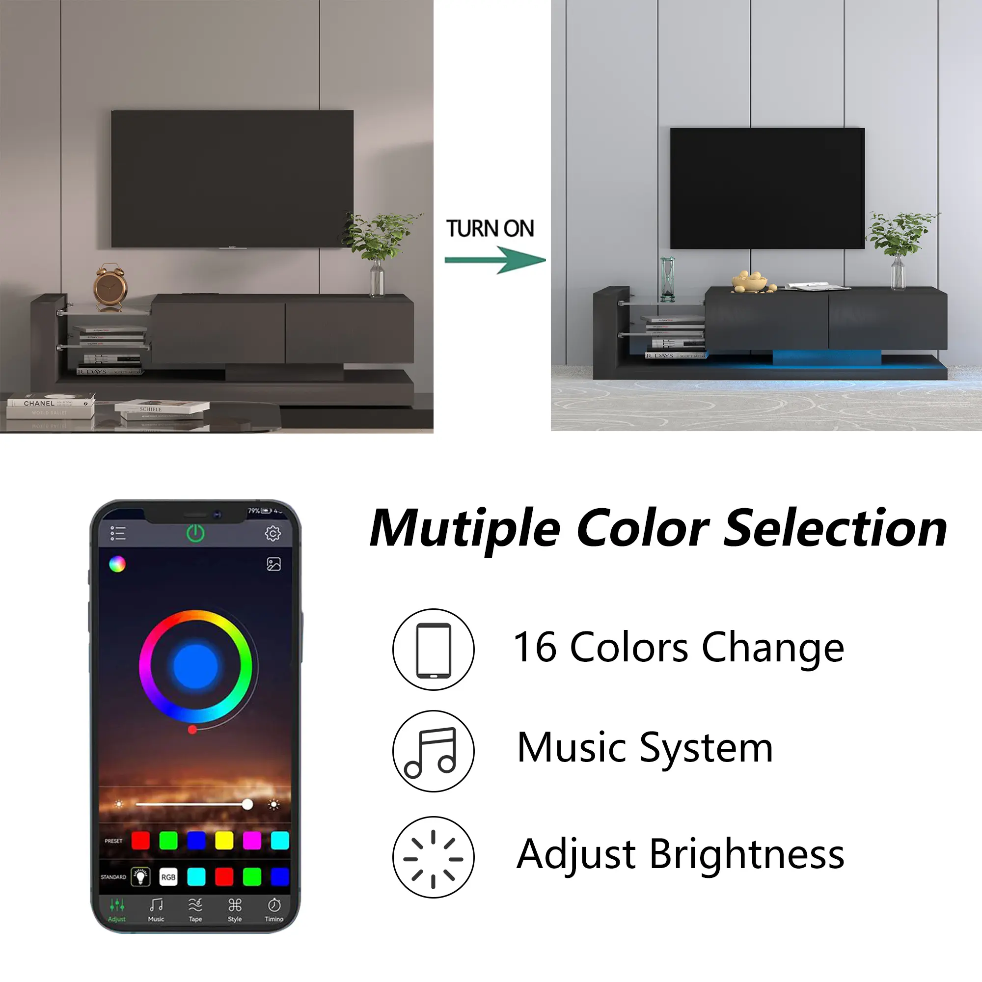 TV Console with Storage Cabinets, 16 Color 4 Modes Changing Lights Remote RGB LED TV Stand, Modern High Gloss Entertainment Cent