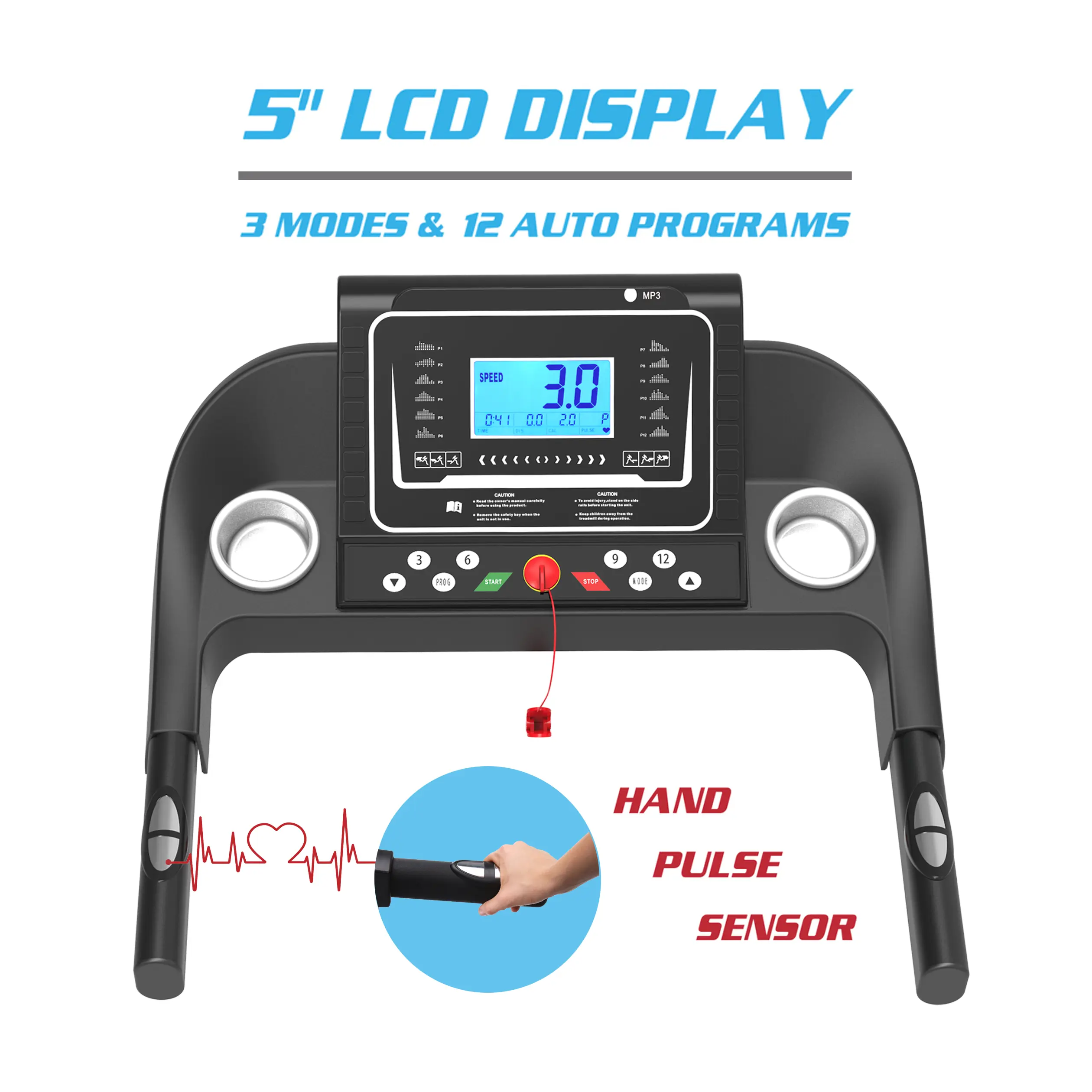 Folding Treadmill, Smart Motorized Treadmill with Manual Incline and Air Spring & MP3, Exercise Running Machine with 5" LCD Disp