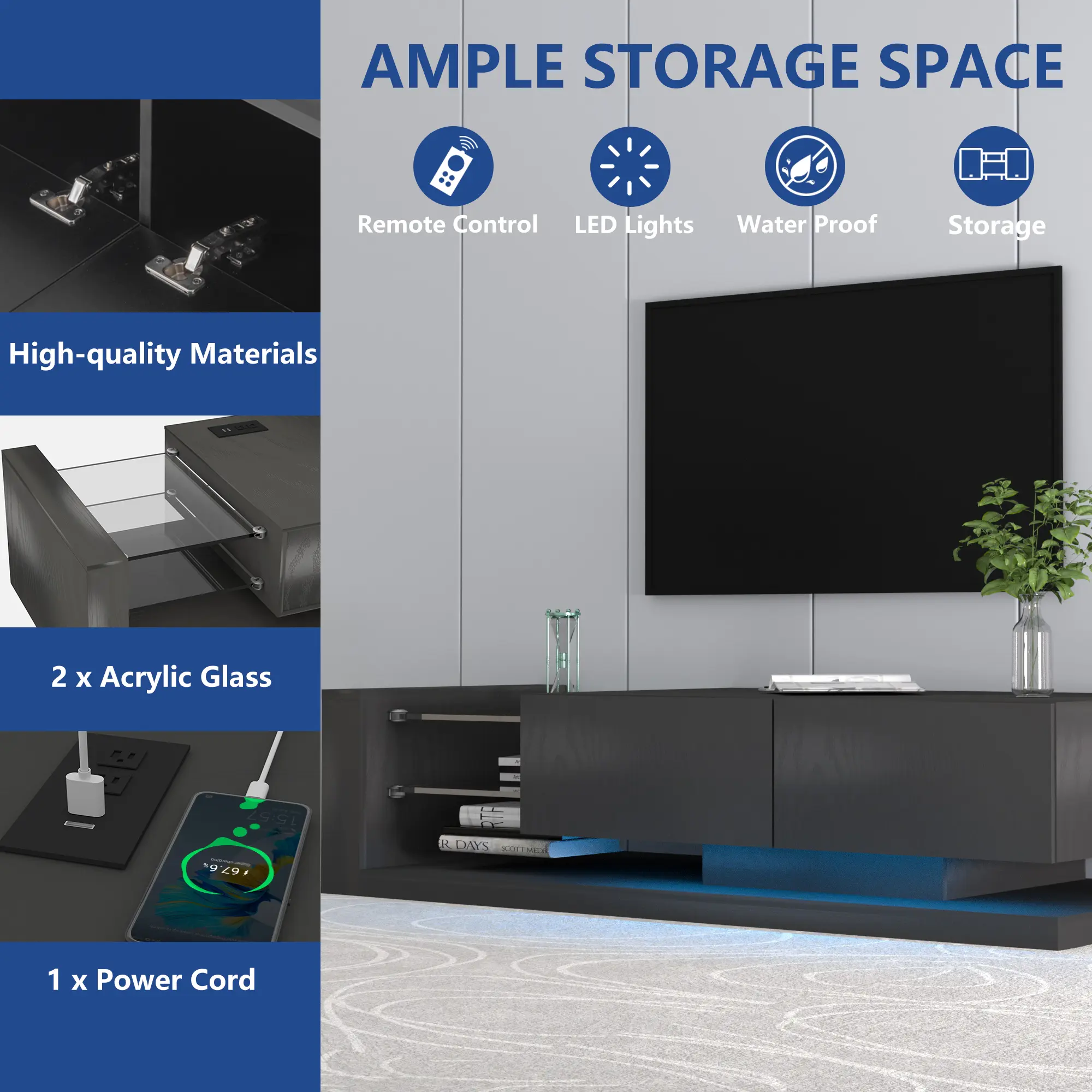 TV Console with Storage Cabinets, 16 Color 4 Modes Changing Lights Remote RGB LED TV Stand, Modern High Gloss Entertainment Cent