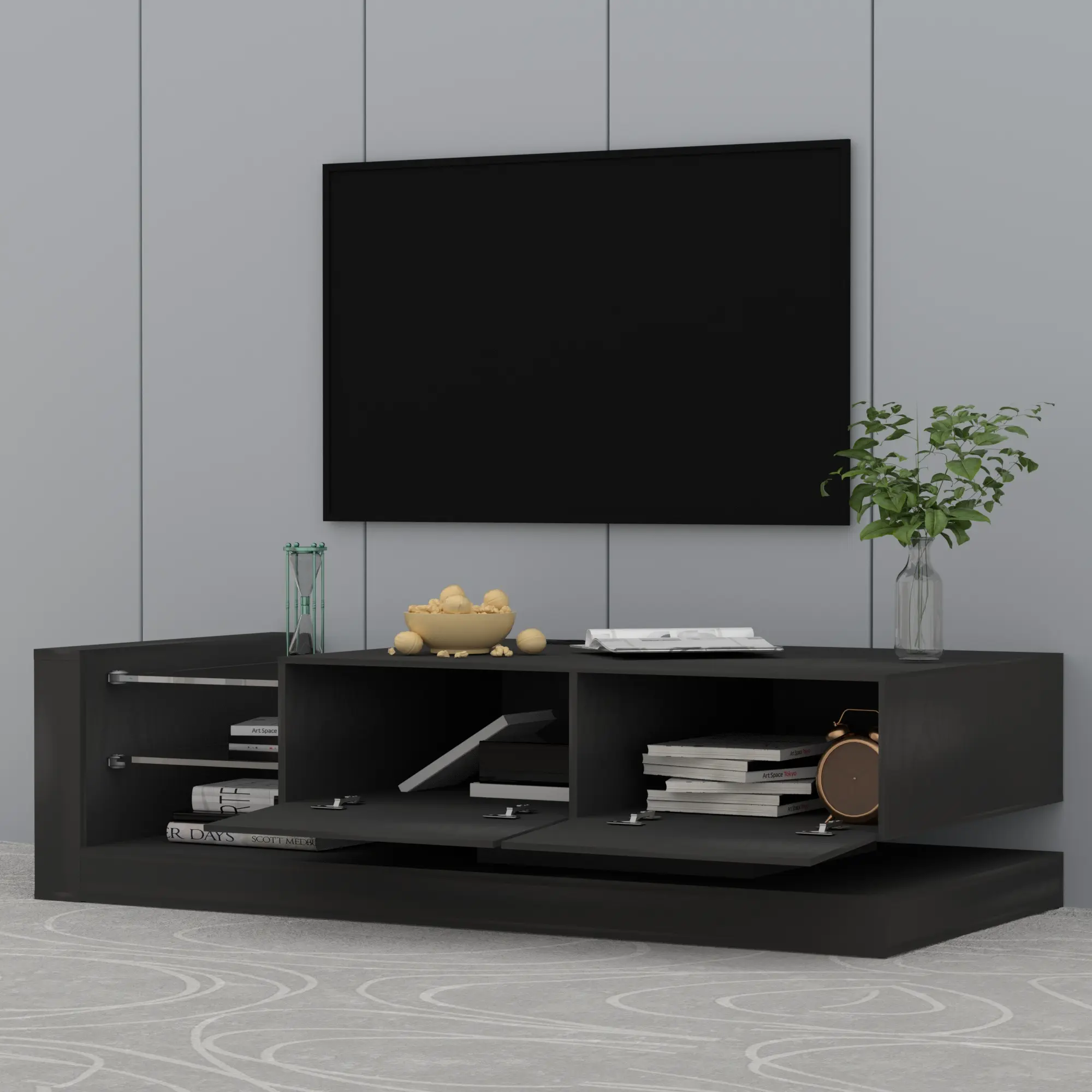 TV Console with Storage Cabinets, 16 Color 4 Modes Changing Lights Remote RGB LED TV Stand, Modern High Gloss Entertainment Cent
