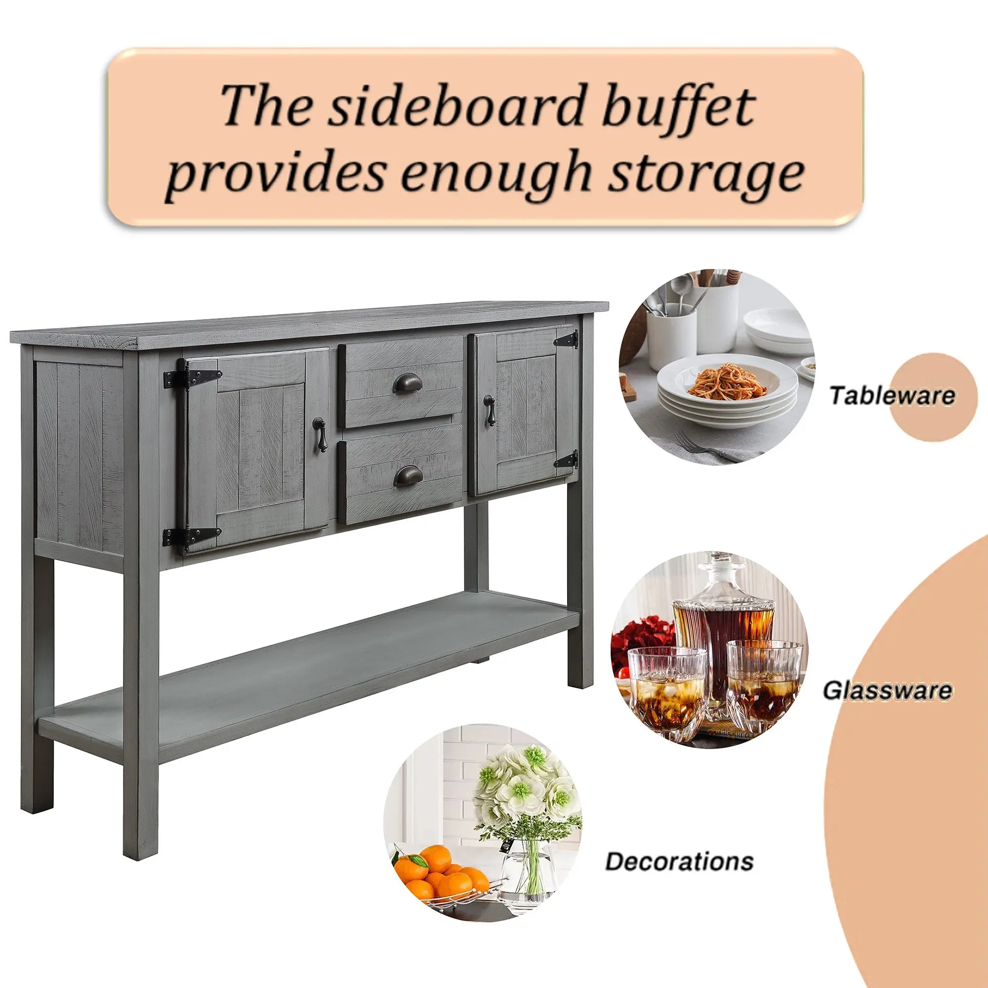 48'' Solid Wood Sideboard Console Table with 2 Drawers and Cabinets and Bottom Shelf, Retro Style Storage Dining Buffet Server C