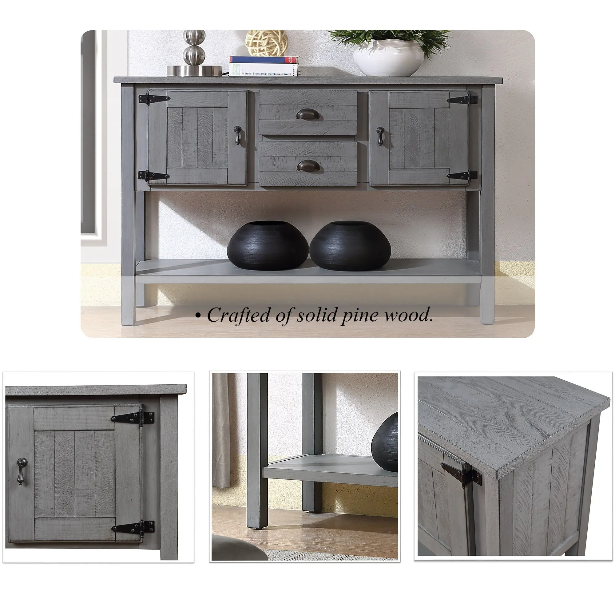 48'' Solid Wood Sideboard Console Table with 2 Drawers and Cabinets and Bottom Shelf, Retro Style Storage Dining Buffet Server C