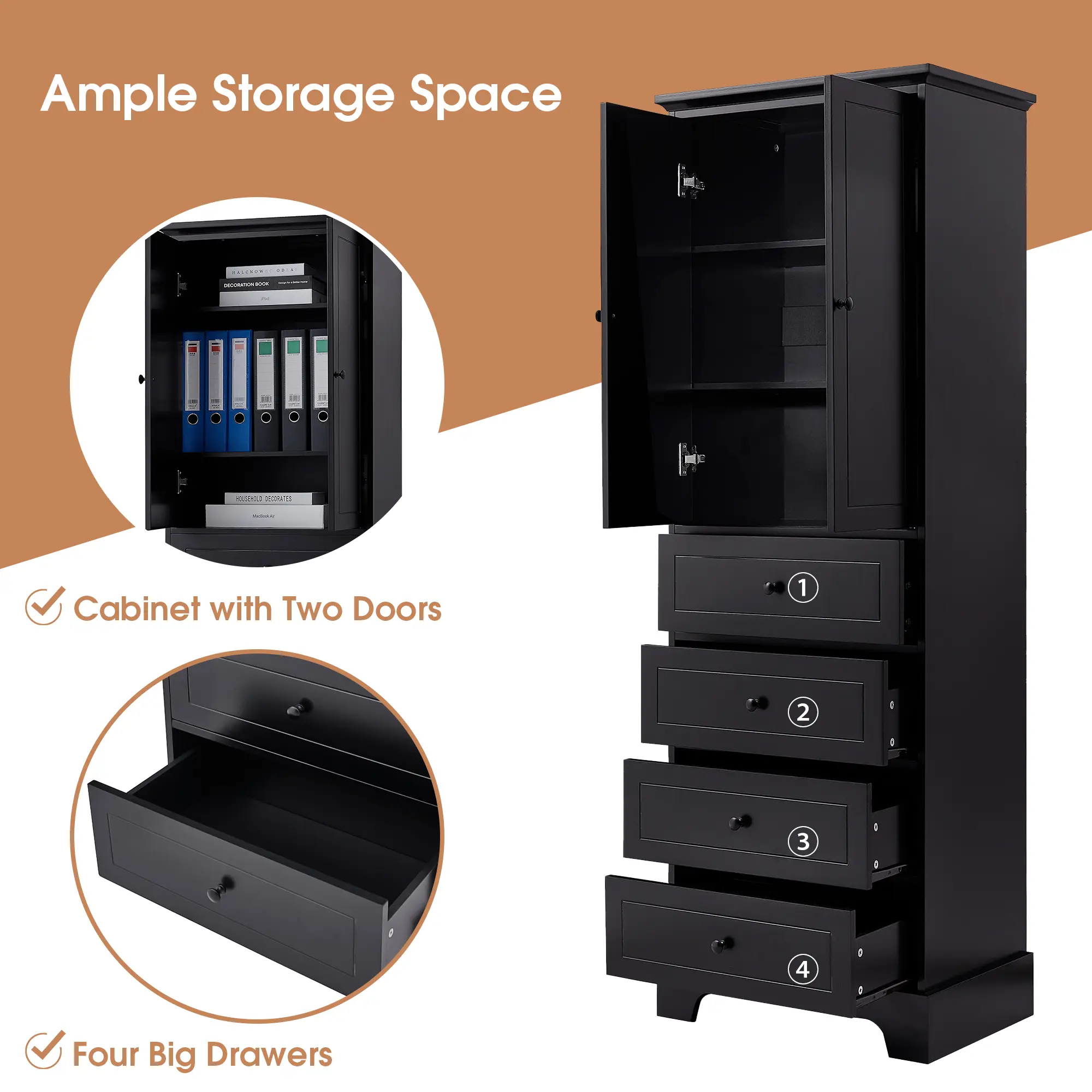Storage Cabinet with 2 Doors and 4 Drawers for Bathroom, Office, Adjustable Shelf, MDF Board with Painted Finish, White