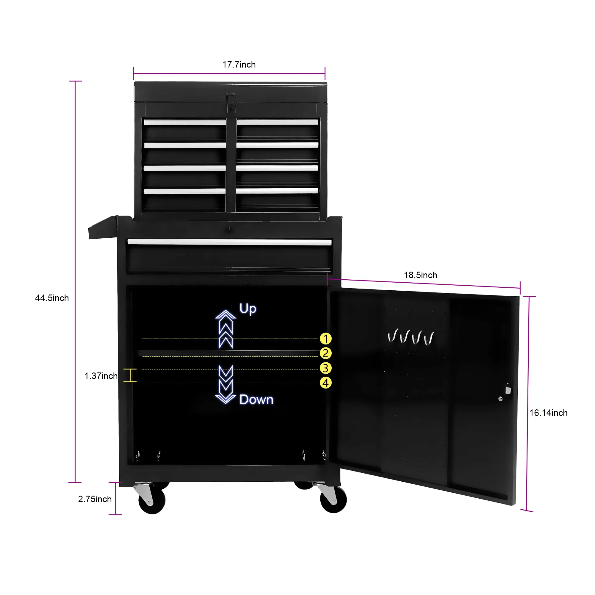 Detachable 5 Drawer Tool Chest with Bottom Cabinet and one Adjustable Shelf--Black