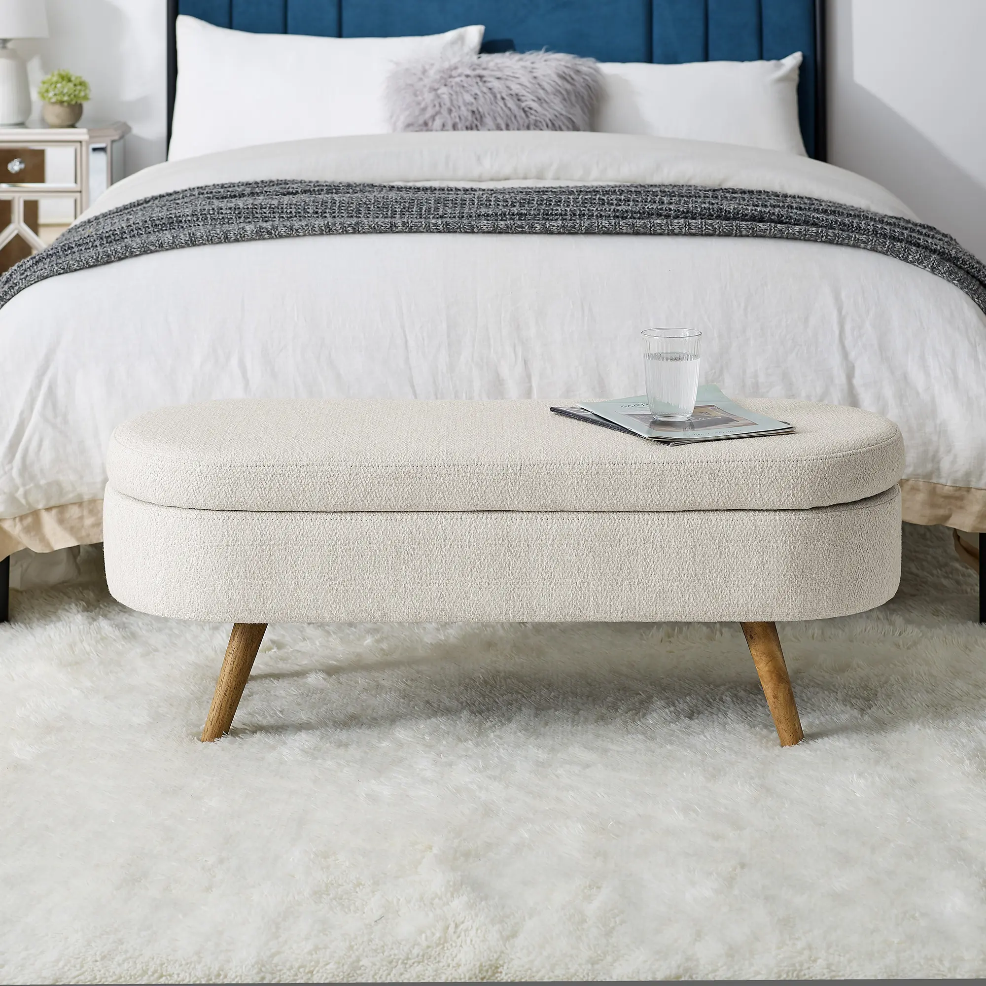 Ottoman Oval Storage Bench, Rubber Wood Legs, Beige（43.5“x16”x16“）