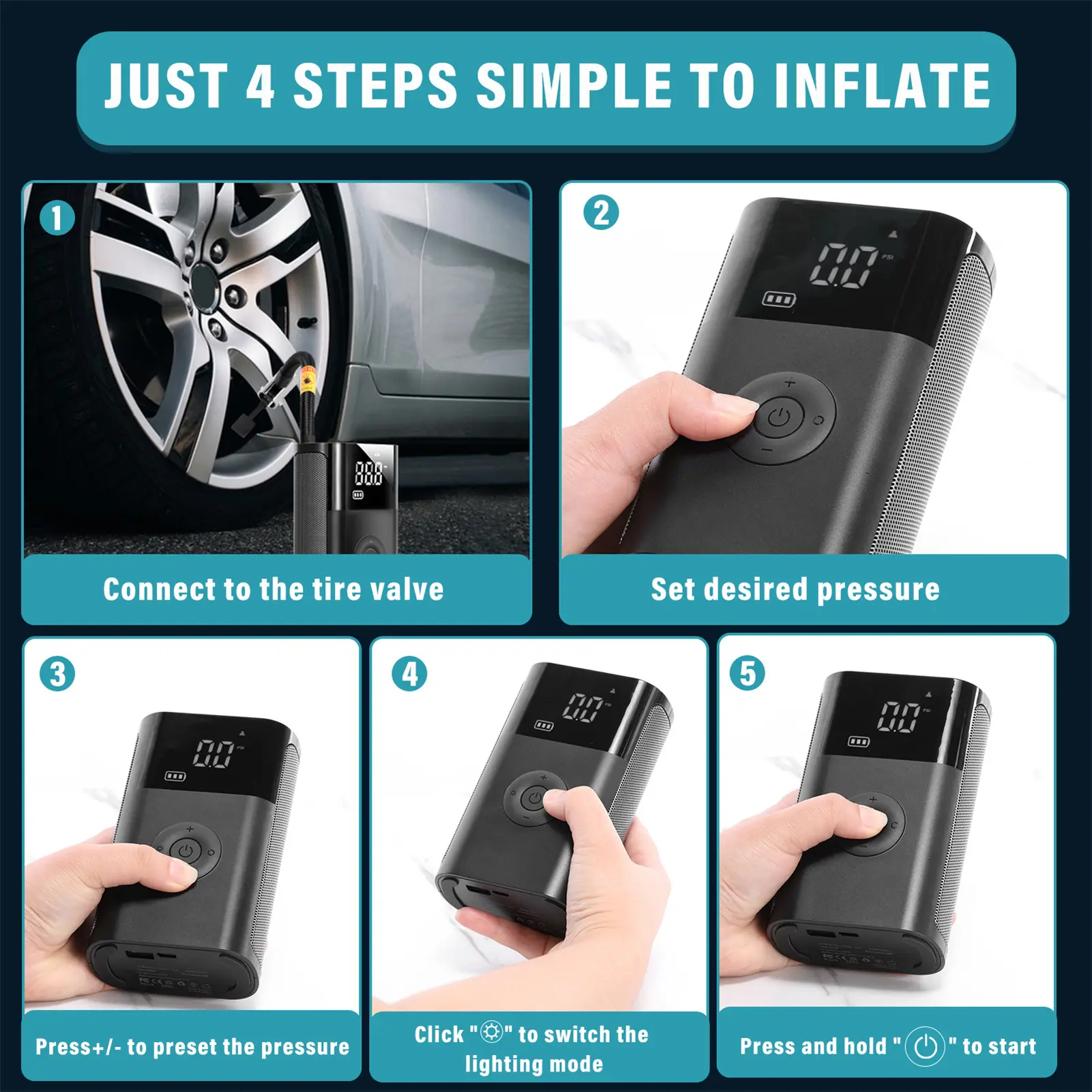 TOMSHOO Multi-Functional Car Air Pump Electric inflator Multi-Functional Car Air Pump