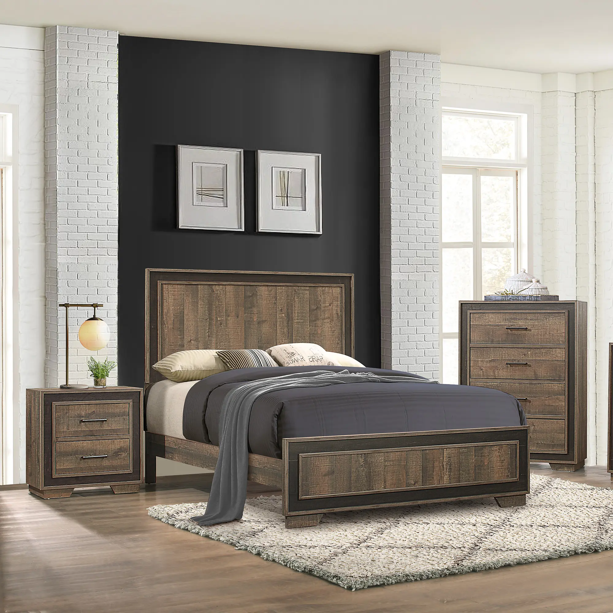 Rustic Style 1pc Nightstand Two-Tone Finish Embossed Faux-Wood Bed Side Table Bedroom Furniture