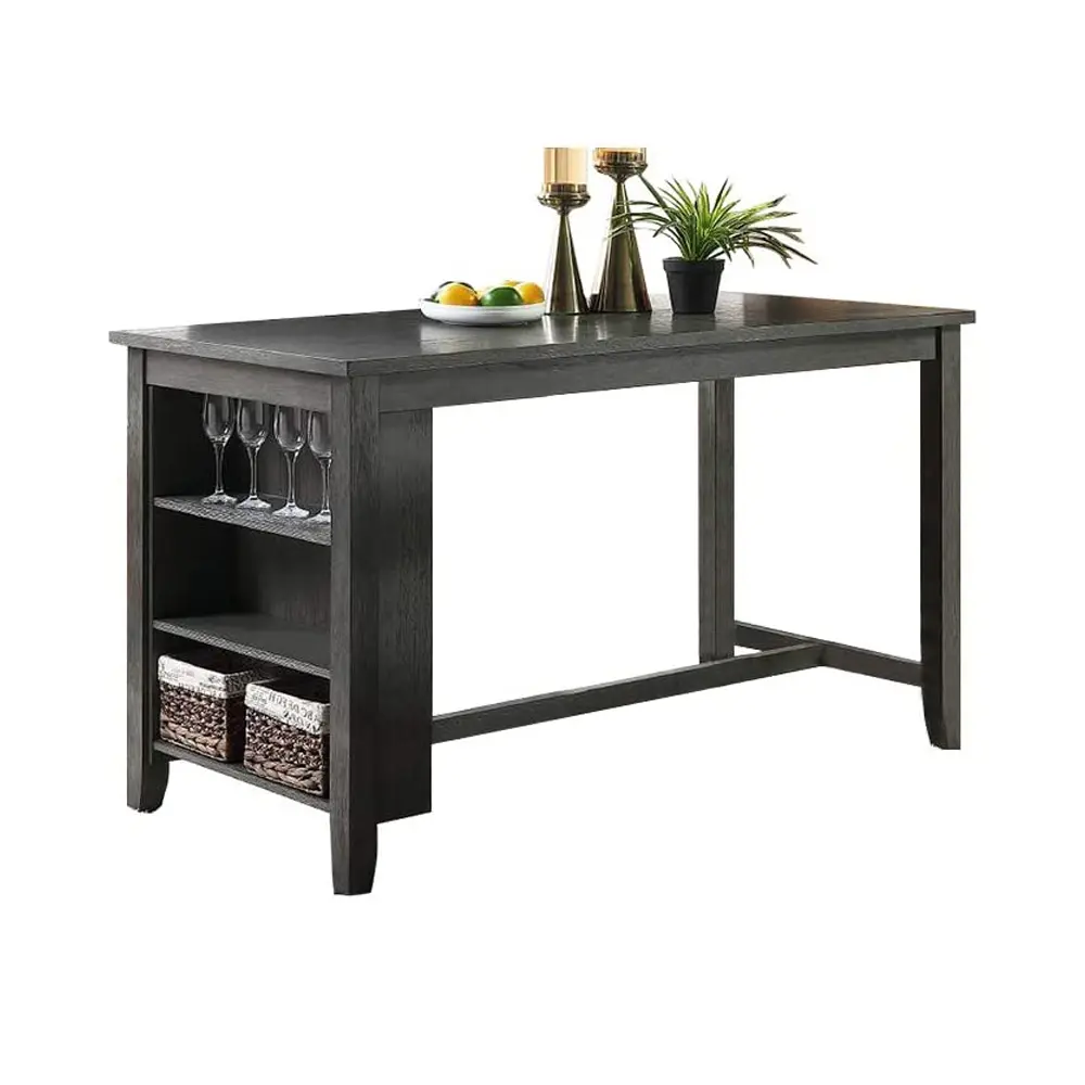 Modern Dark Brown Finish 5pc Counter Height High Dining Table w Storage Shelves High Chairs And Stools Wooden Kitchen Breakfast