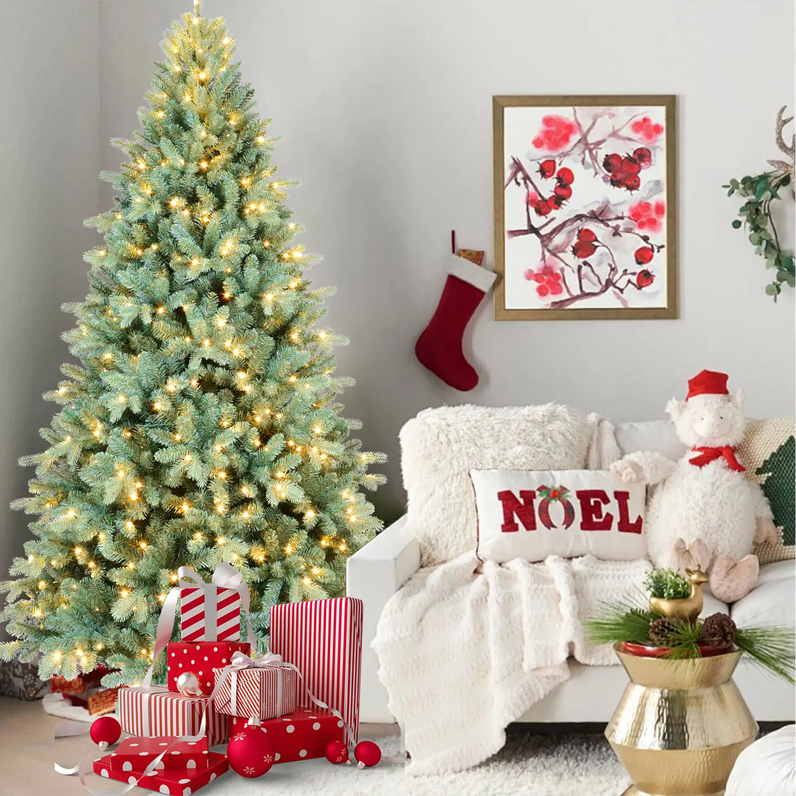 PE+PVC Artificial Christmas Tree with 800LED Warm White Light Metal Stand Premium Xmas Tree with 3268 Branch Tips Easy Assemble