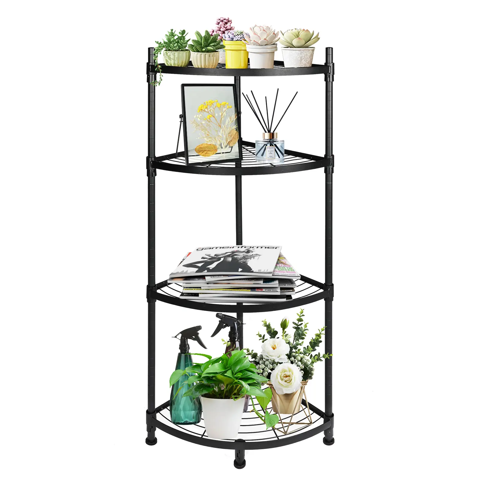 YSSOA 4 Tier Corner Display Rack Multipurpose Metal Shelving Unit, Bookcase Storage Rack Plant Stand for Living Room, Home Offic