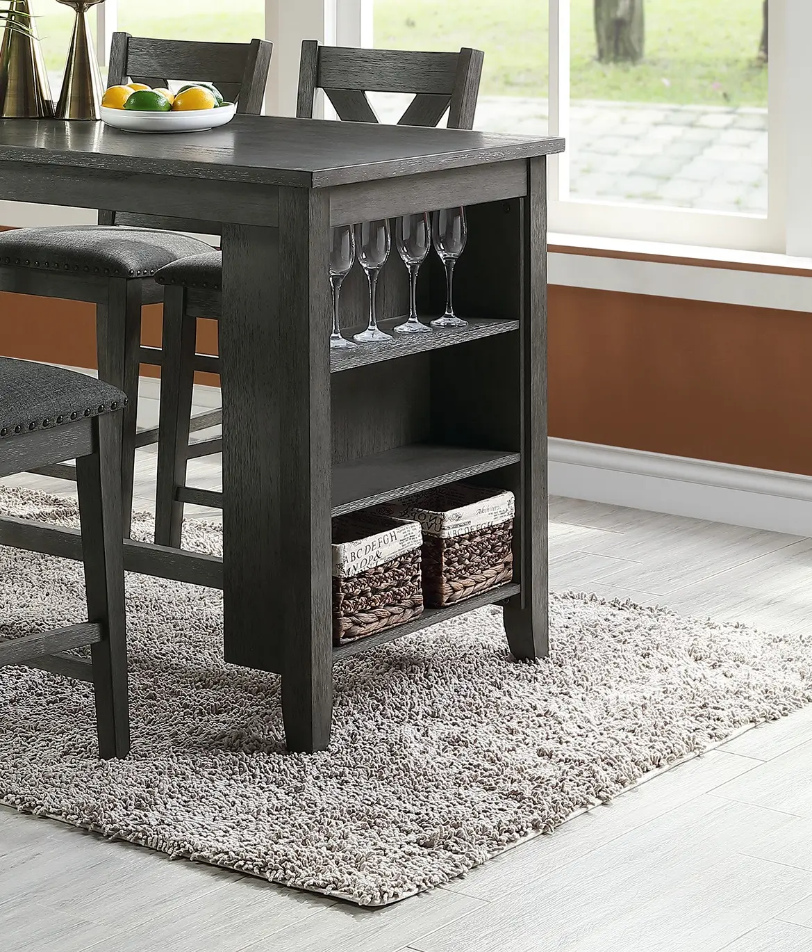 Modern Dark Brown Finish 5pc Counter Height High Dining Table w Storage Shelves High Chairs And Stools Wooden Kitchen Breakfast