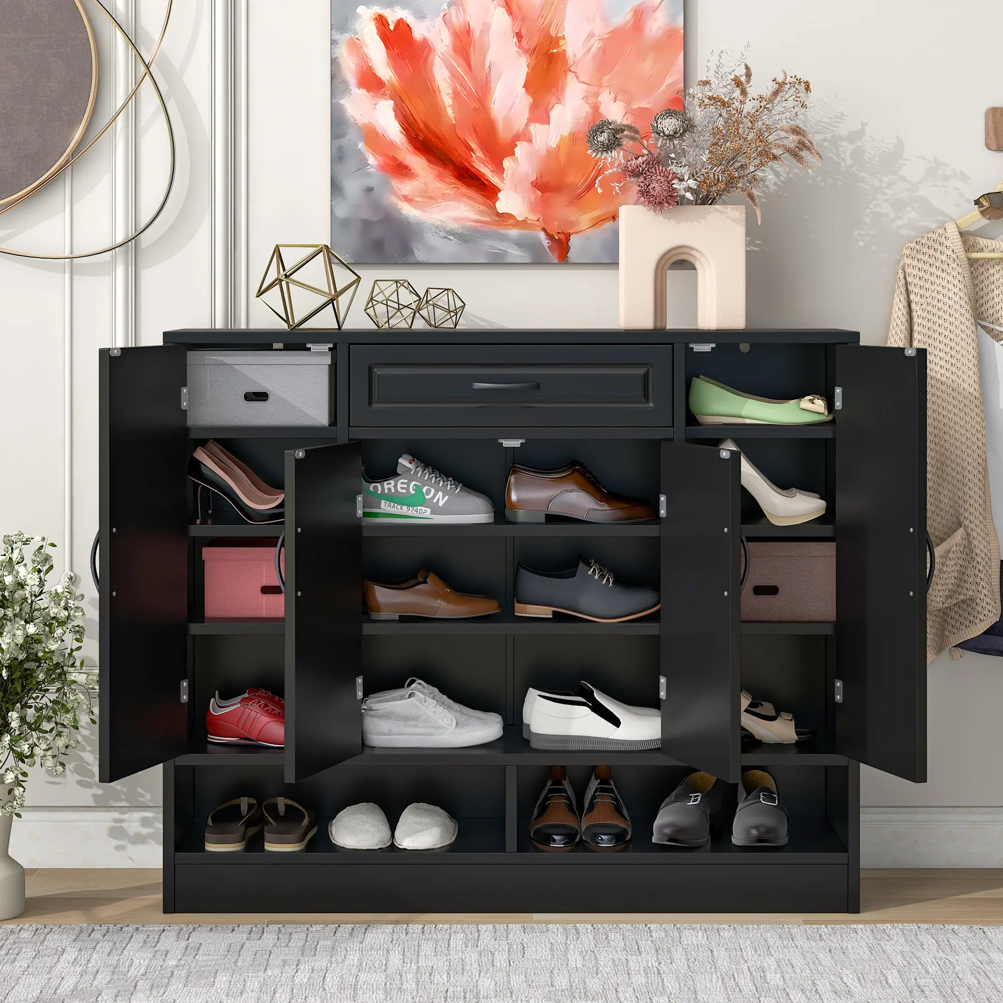 Sleek and Modern Shoe Cabinet with Adjustable Shelves, Minimalist Shoe Storage Organizer with Sturdy Top Surface, Space-saving D