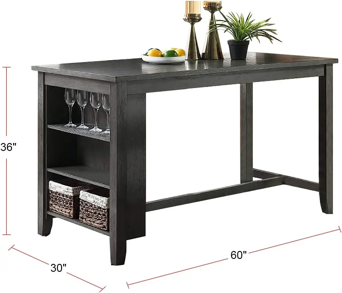 Modern Dark Brown Finish 5pc Counter Height High Dining Table w Storage Shelves High Chairs And Stools Wooden Kitchen Breakfast