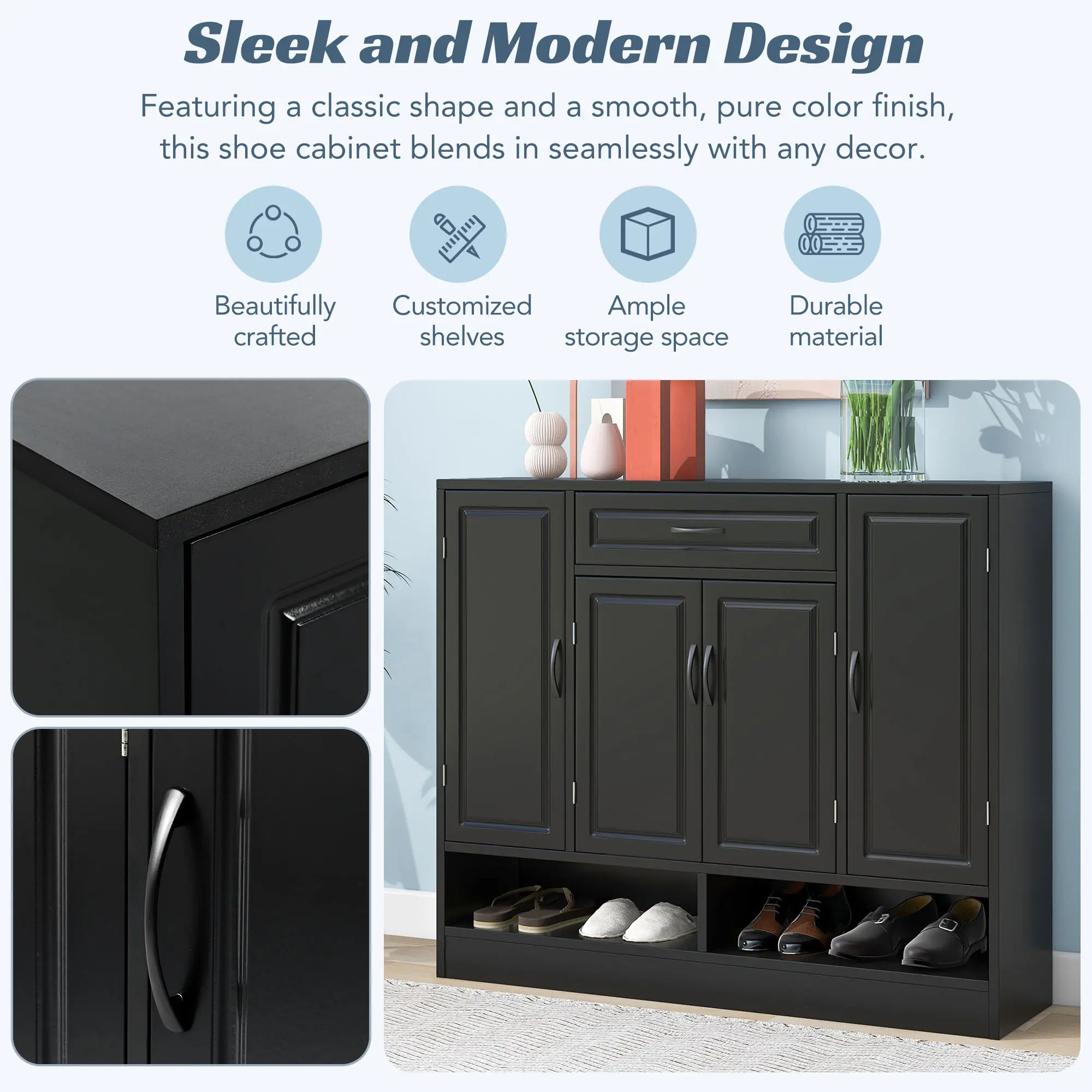 Sleek and Modern Shoe Cabinet with Adjustable Shelves, Minimalist Shoe Storage Organizer with Sturdy Top Surface, Space-saving D
